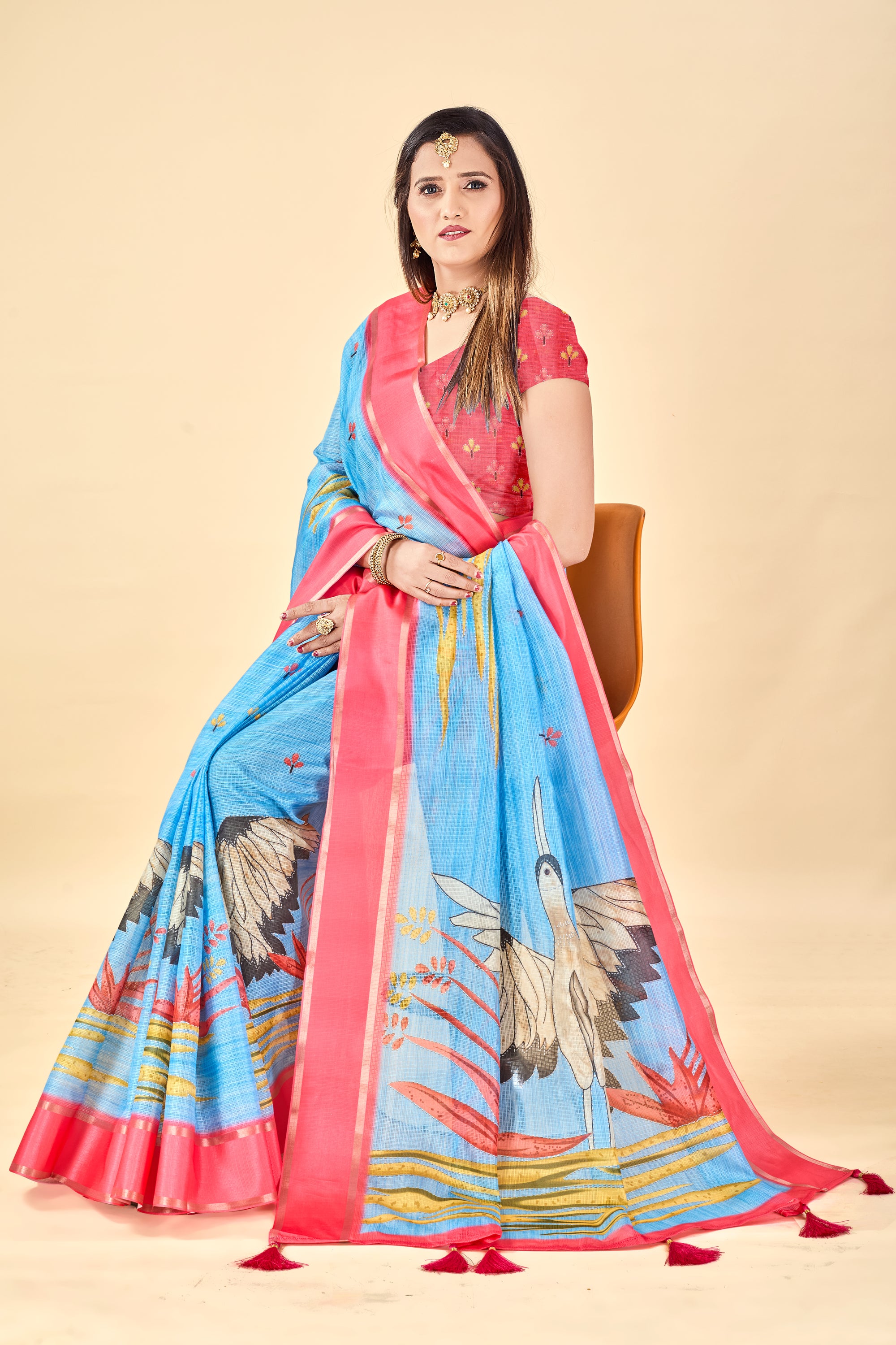 Blue Soft Kota Silk Saree with Satin Border & Flamingo Digital Print
