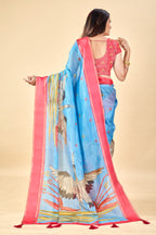 Blue Soft Kota Silk Saree with Satin Border & Flamingo Digital Print
