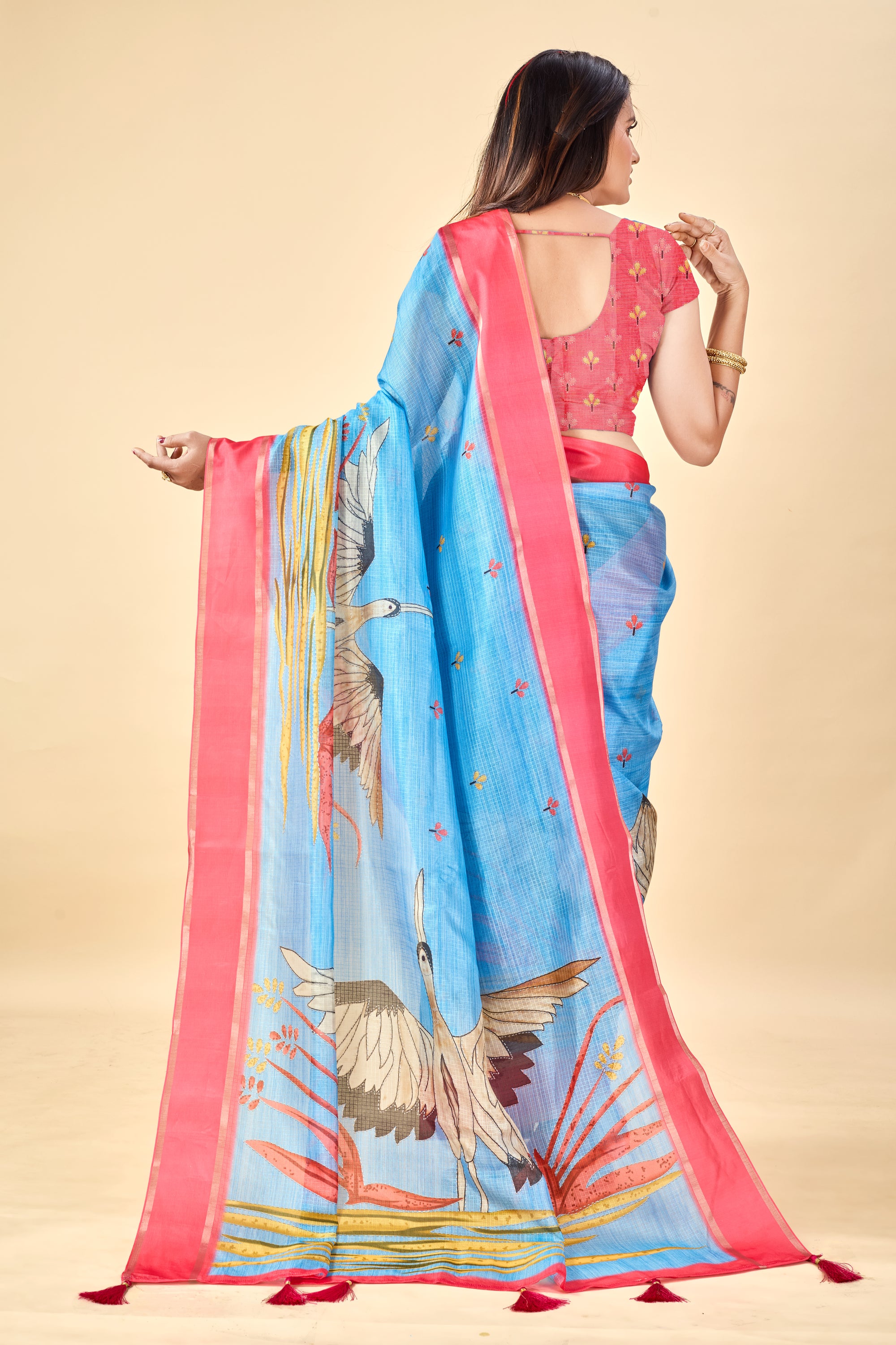 Blue Soft Kota Silk Saree with Satin Border & Flamingo Digital Print
