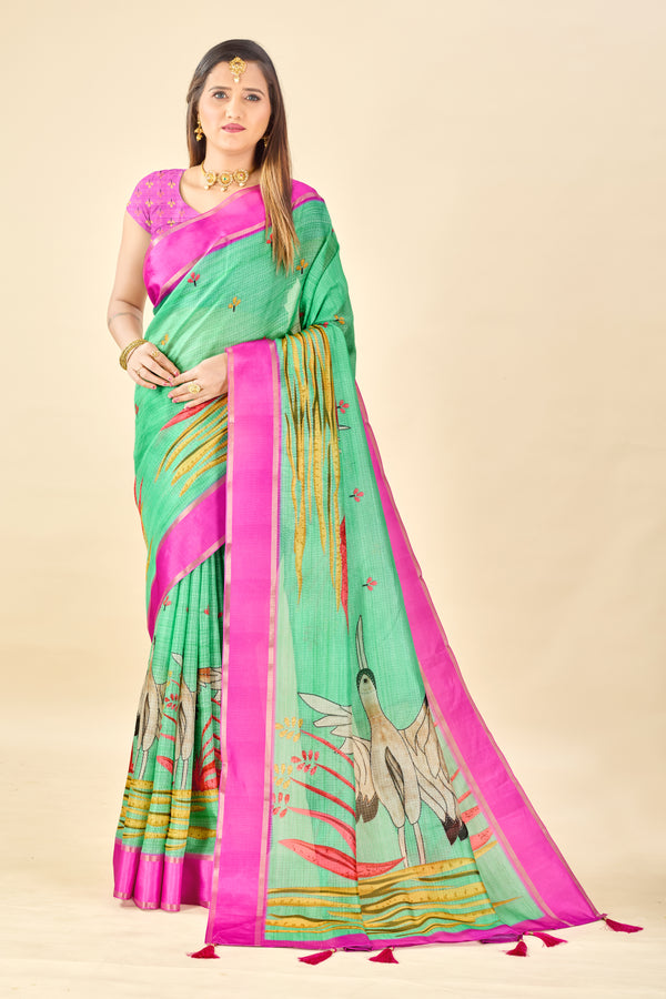Green Soft Kota Silk Saree with Satin Border & Flamingo Digital Print