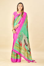 Green Soft Kota Silk Saree with Satin Border & Flamingo Digital Print