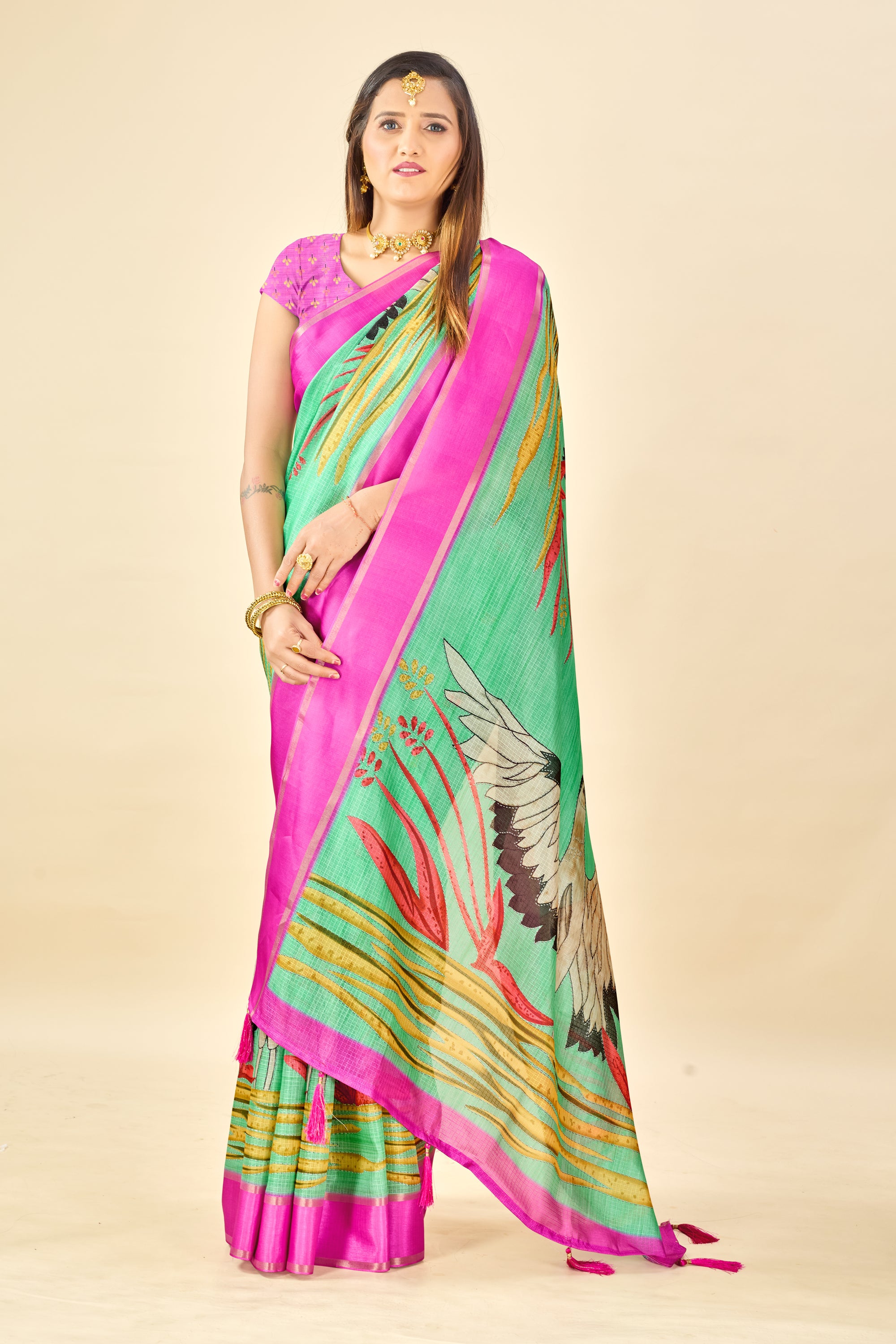 Green Soft Kota Silk Saree with Satin Border & Flamingo Digital Print