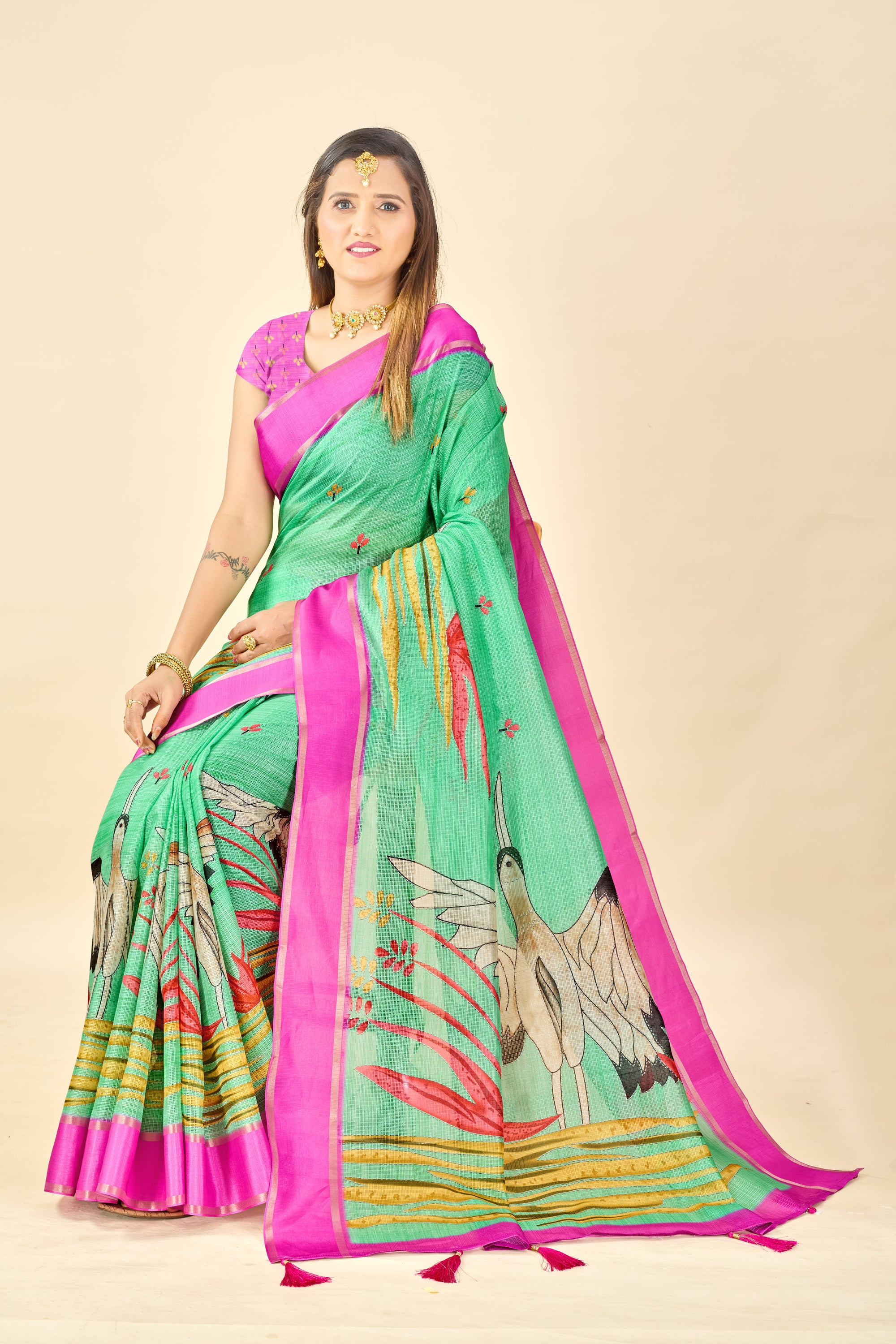 Green Soft Kota Silk Saree with Satin Border & Flamingo Digital Print