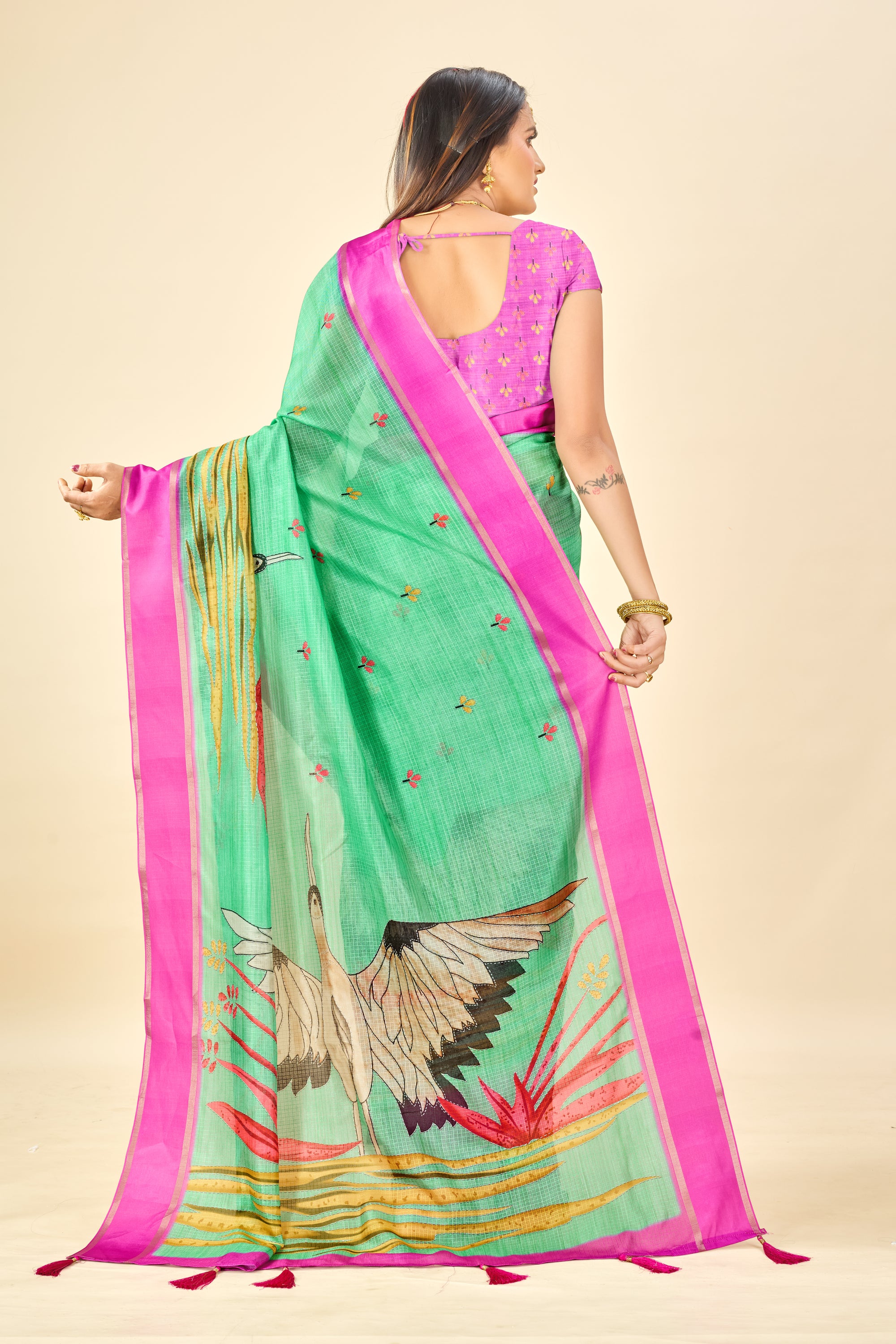 Green Soft Kota Silk Saree with Satin Border & Flamingo Digital Print
