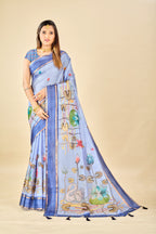 Blue Soft Kota Silk Saree with Satin Border & Lotus Digital Prints