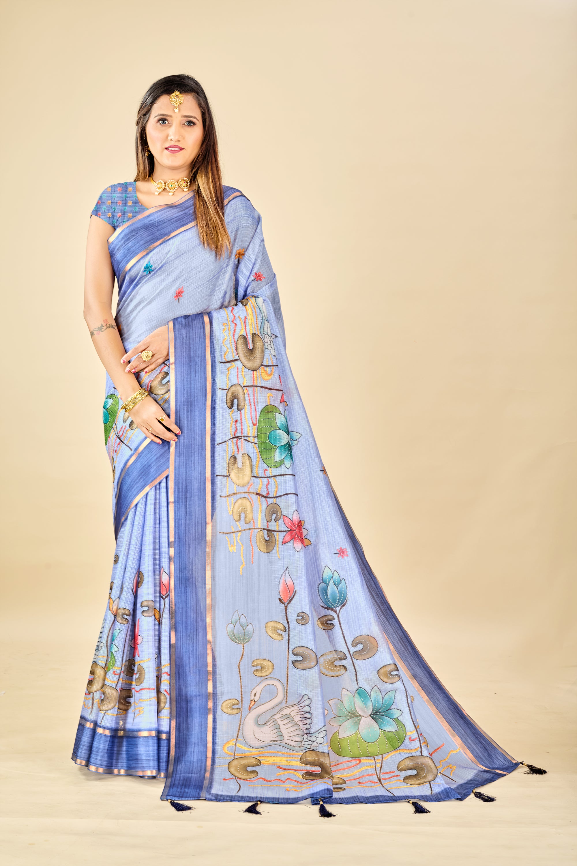 Blue Soft Kota Silk Saree with Satin Border & Lotus Digital Prints