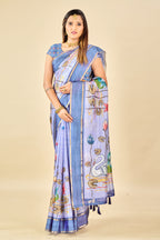 Blue Soft Kota Silk Saree with Satin Border & Lotus Digital Prints