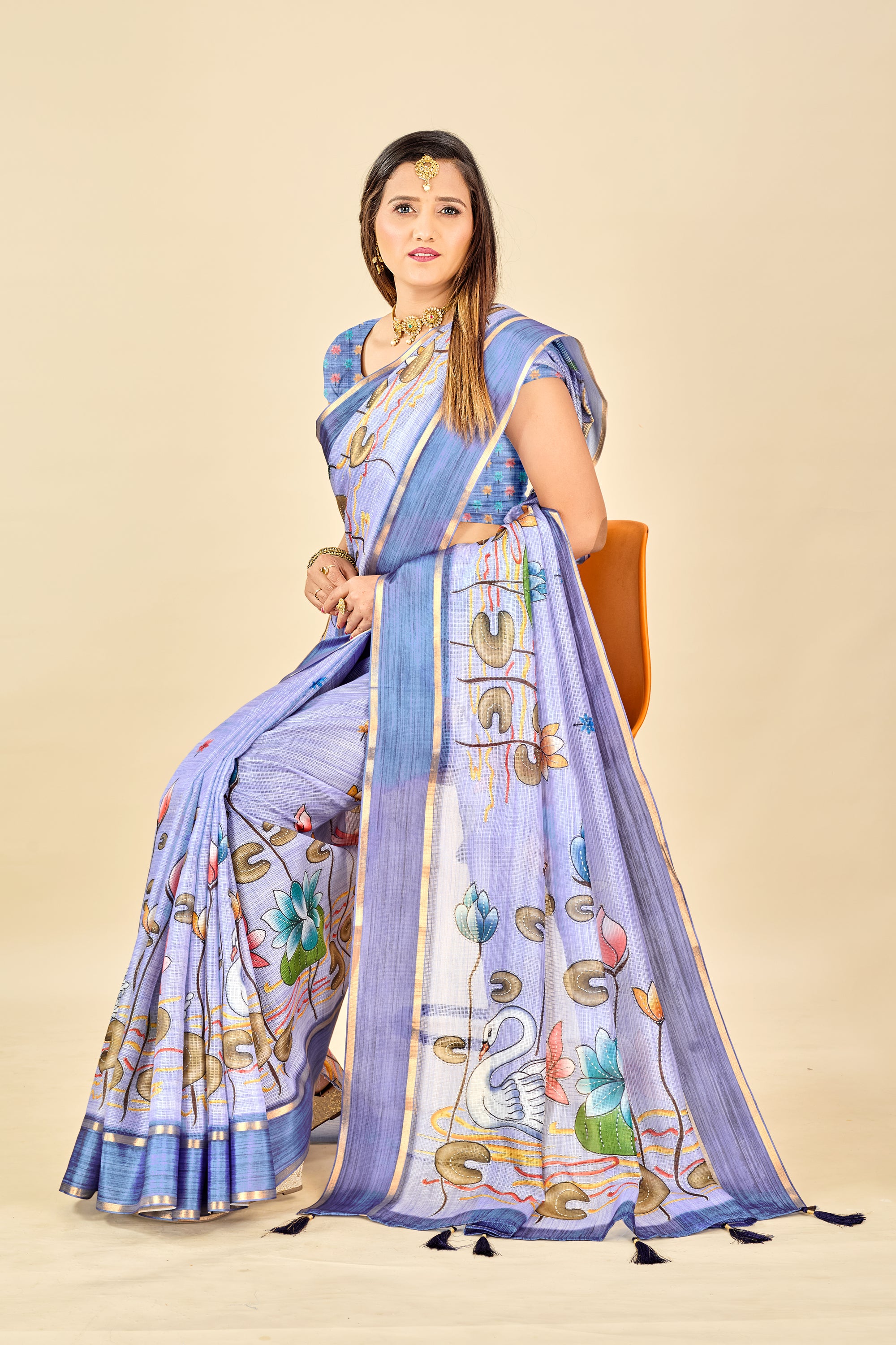 Blue Soft Kota Silk Saree with Satin Border & Lotus Digital Prints