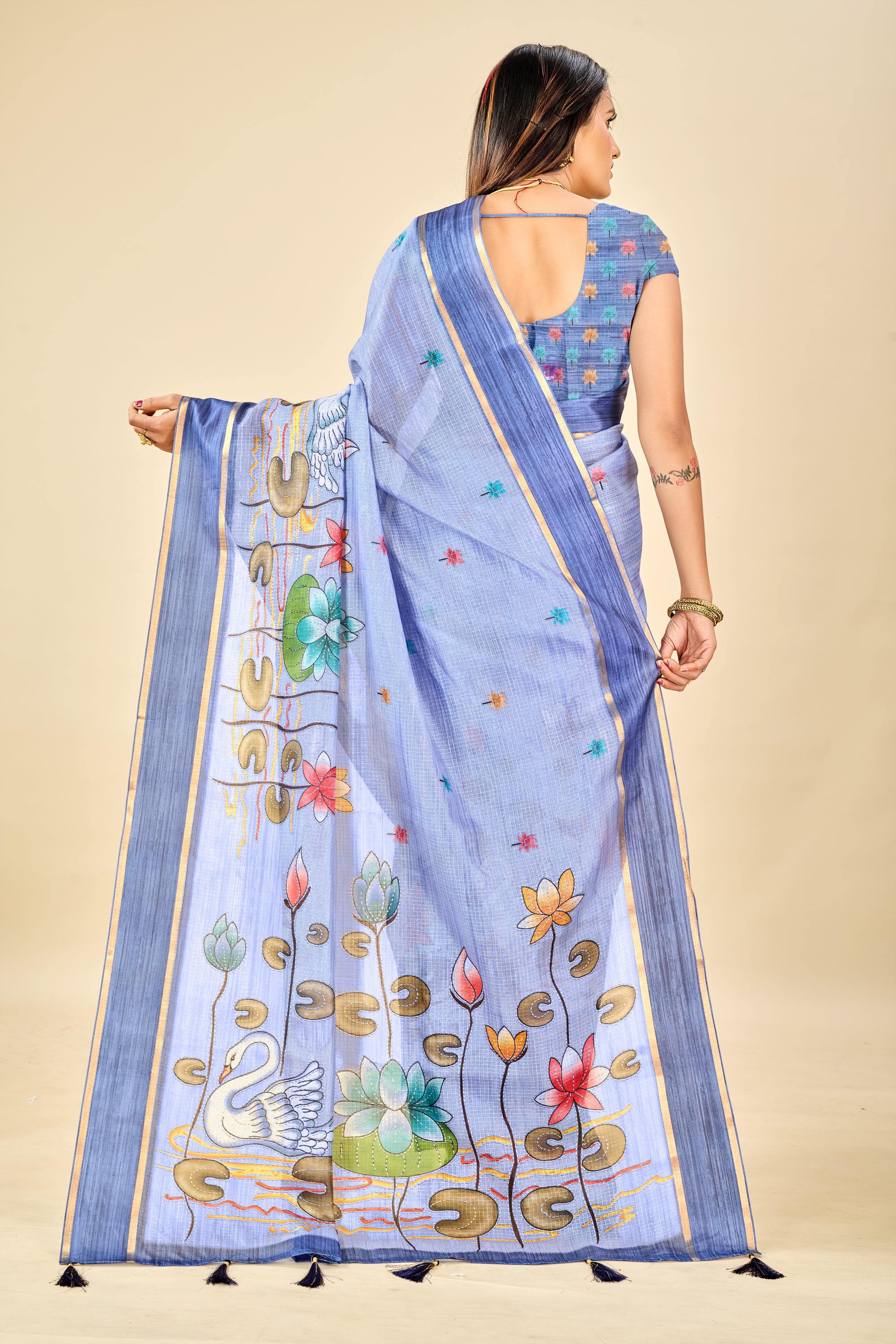 Blue Soft Kota Silk Saree with Satin Border & Lotus Digital Prints