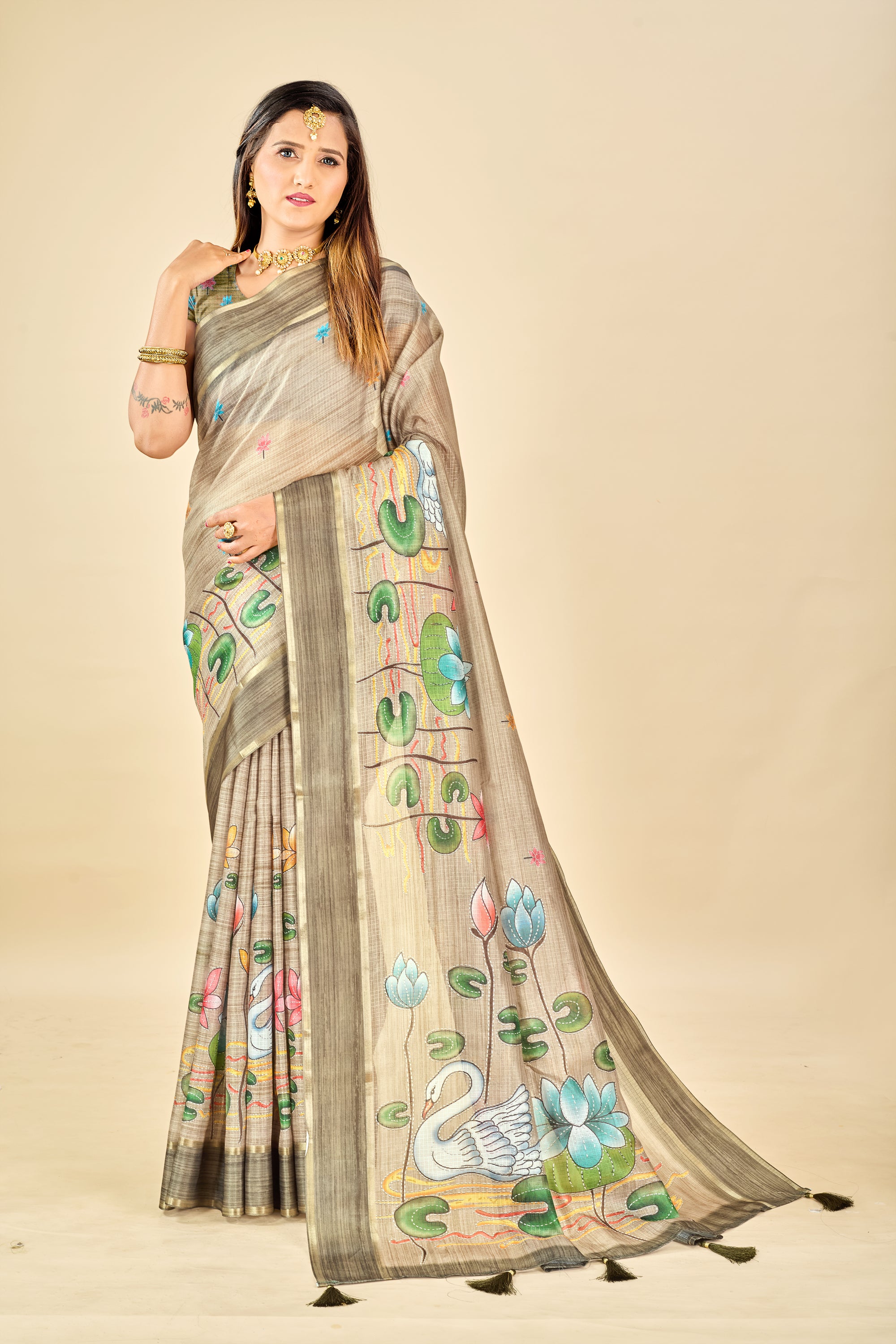 Green Soft Kota Silk Saree with Satin Border & Lotus Digital Prints