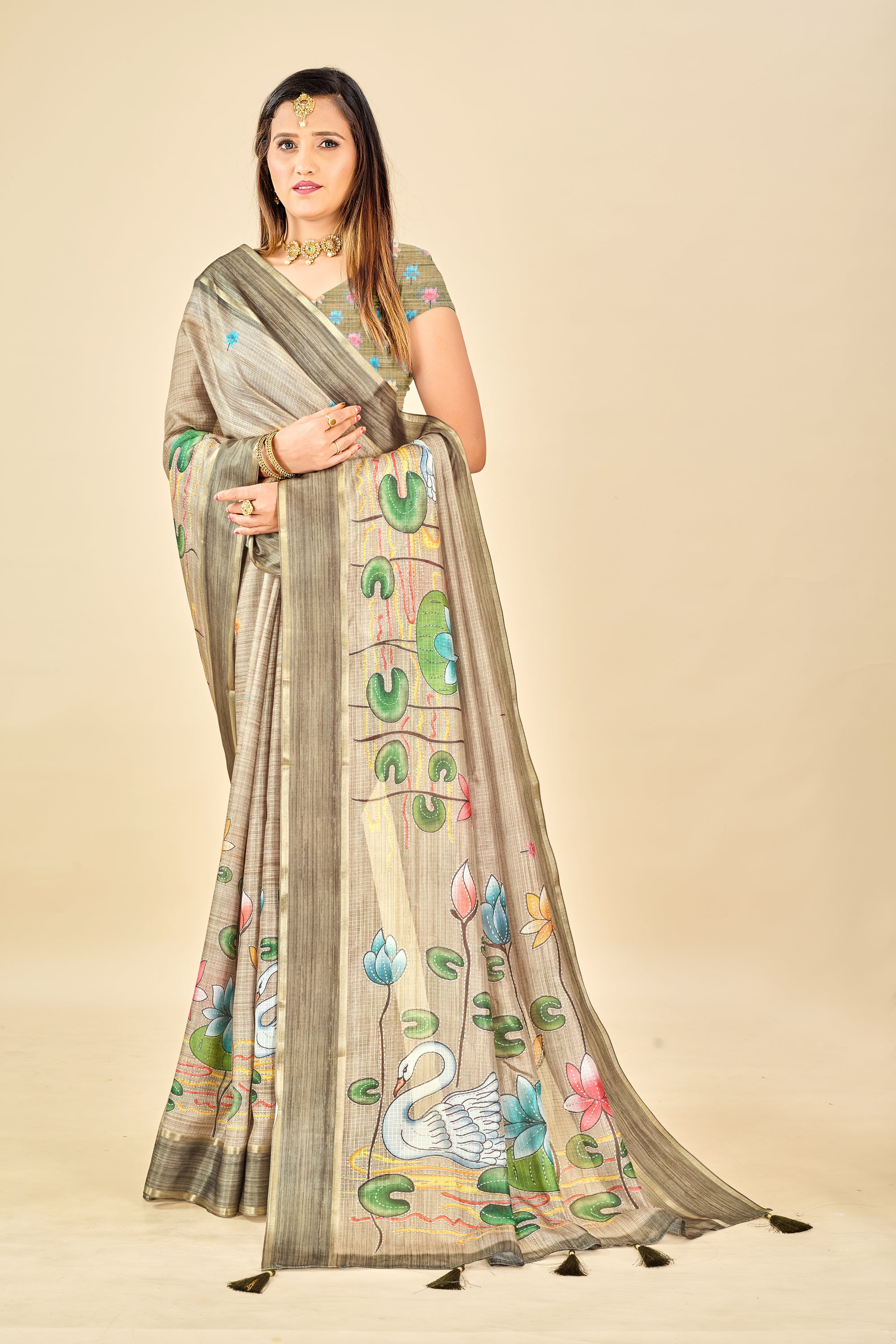 Green Soft Kota Silk Saree with Satin Border & Lotus Digital Prints