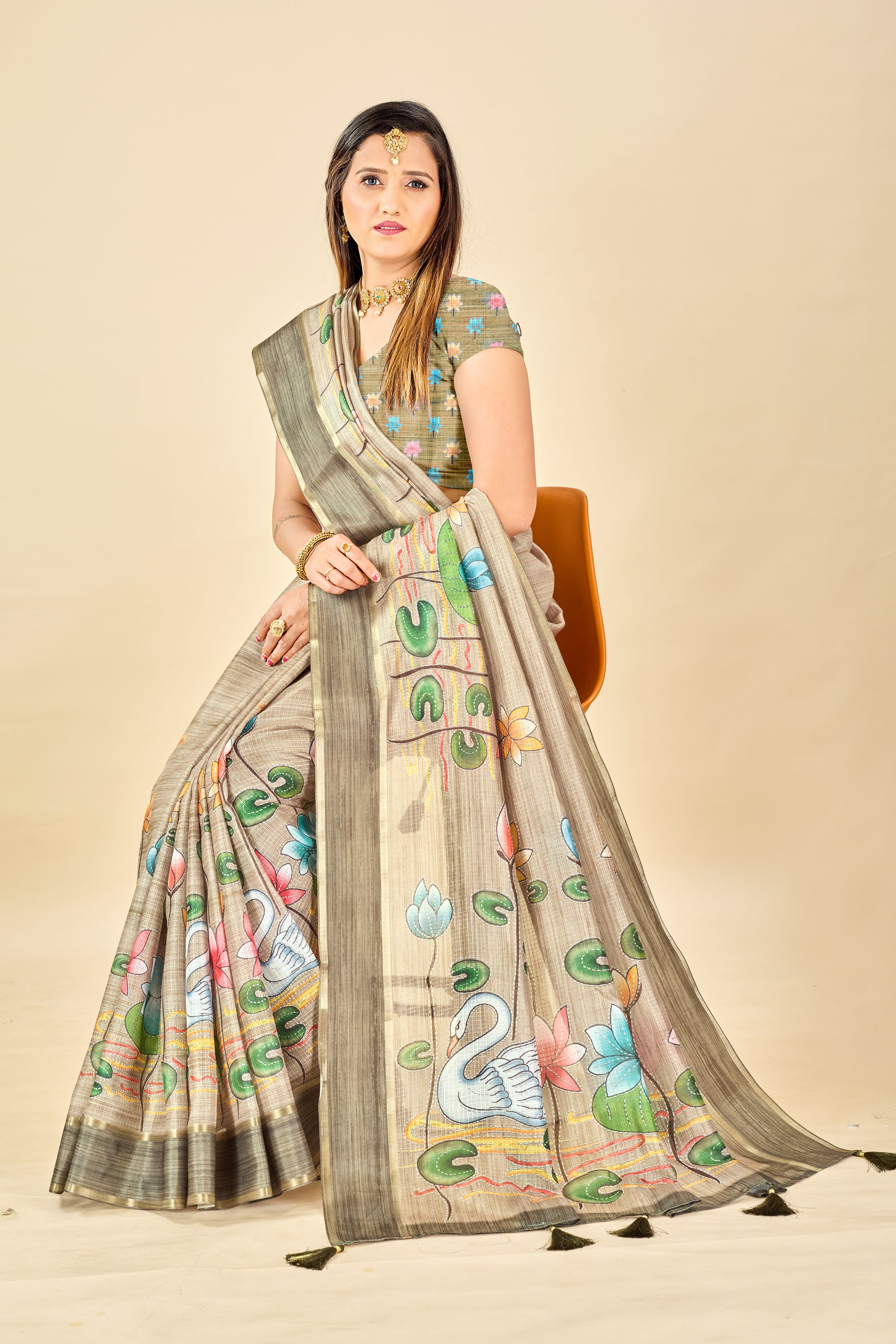 Green Soft Kota Silk Saree with Satin Border & Lotus Digital Prints