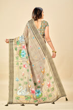 Green Soft Kota Silk Saree with Satin Border & Lotus Digital Prints