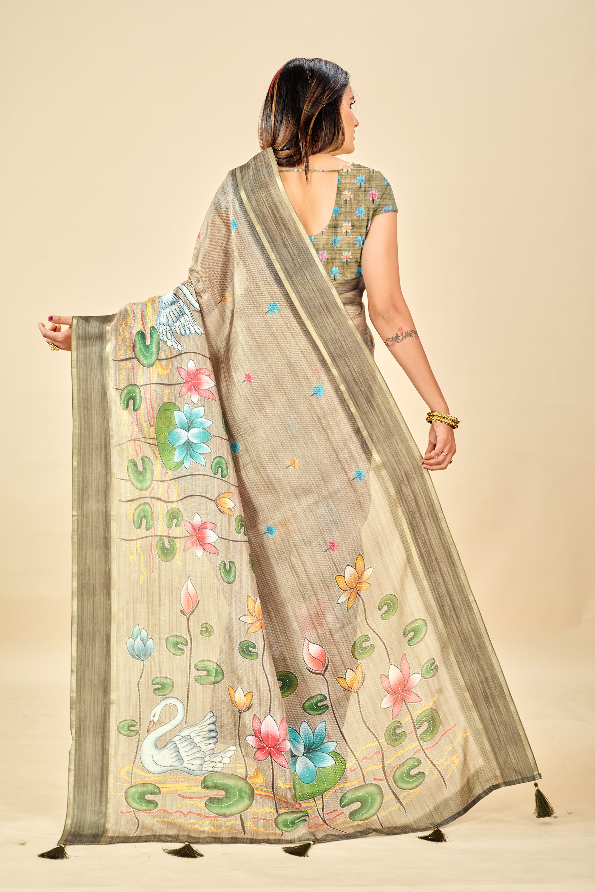 Green Soft Kota Silk Saree with Satin Border & Lotus Digital Prints