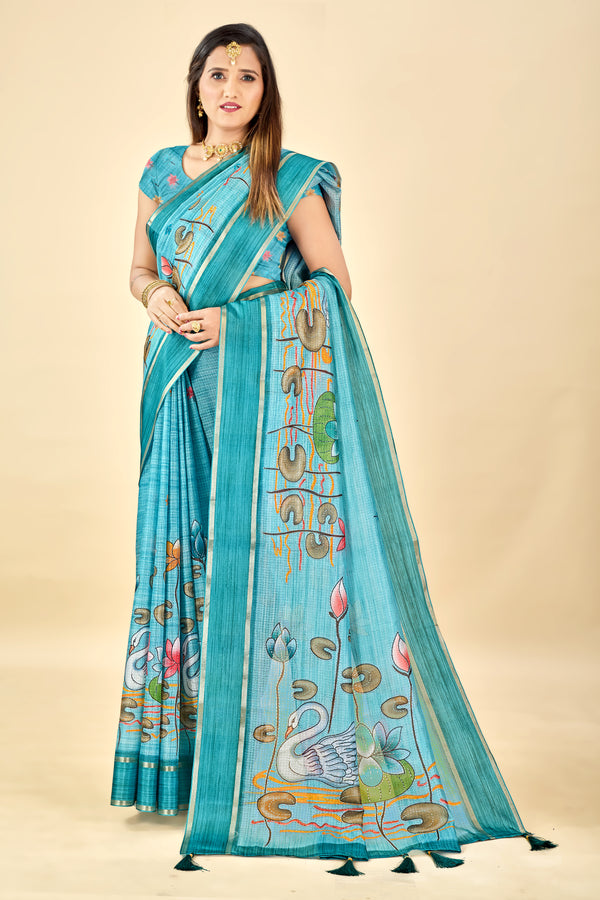 Teal Blue Soft Kota Silk Saree with Satin Border & Lotus Digital Prints