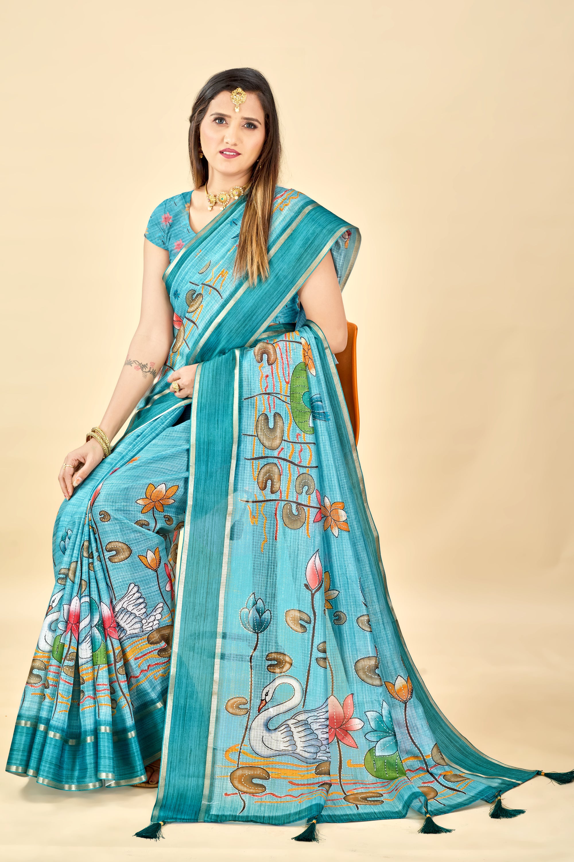 Teal Blue Soft Kota Silk Saree with Satin Border & Lotus Digital Prints
