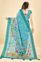 Teal Blue Soft Kota Silk Saree with Satin Border & Lotus Digital Prints