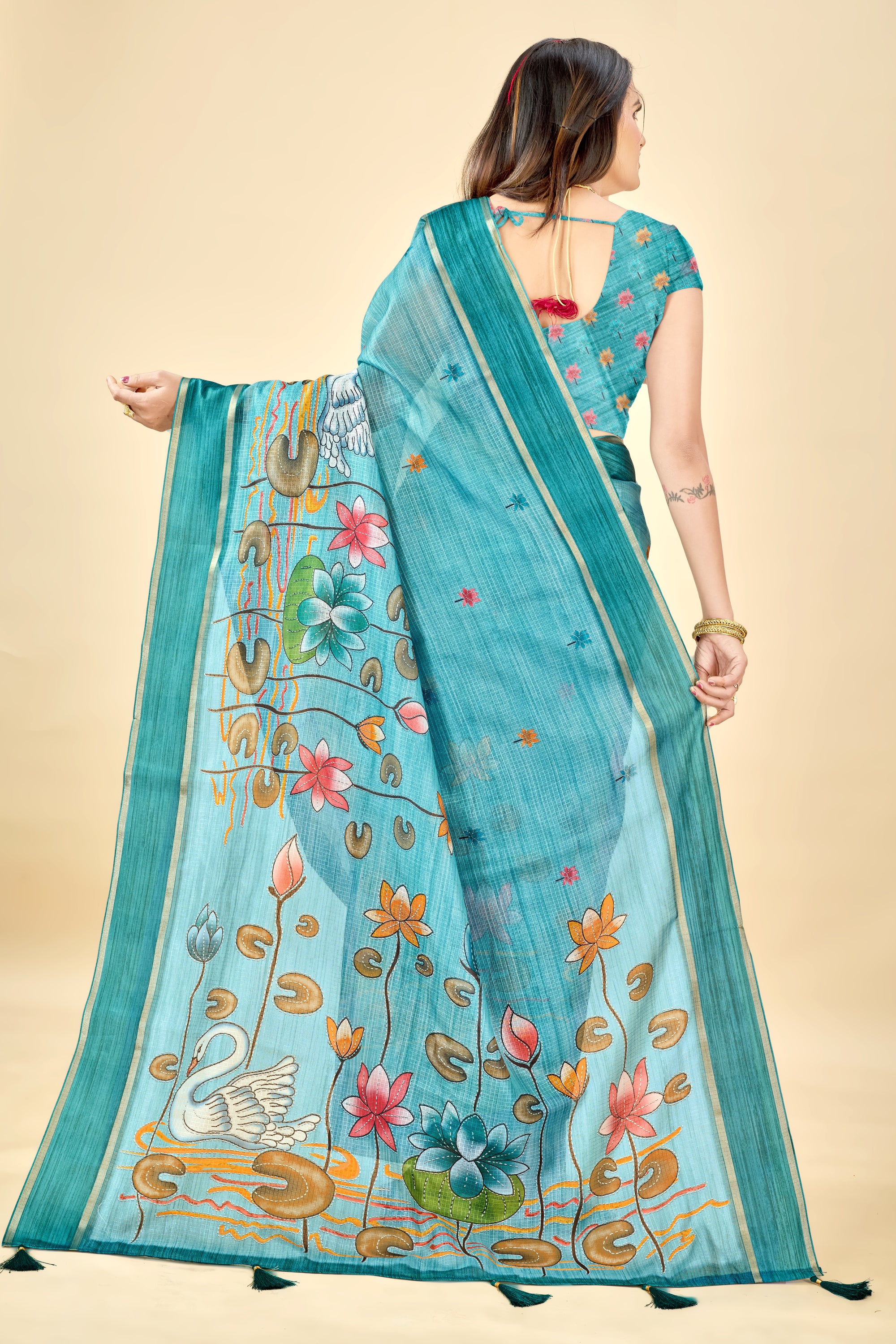 Teal Blue Soft Kota Silk Saree with Satin Border & Lotus Digital Prints