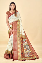 White Semi Silk Madhubani Digital Printed Saree with Jacquard Border