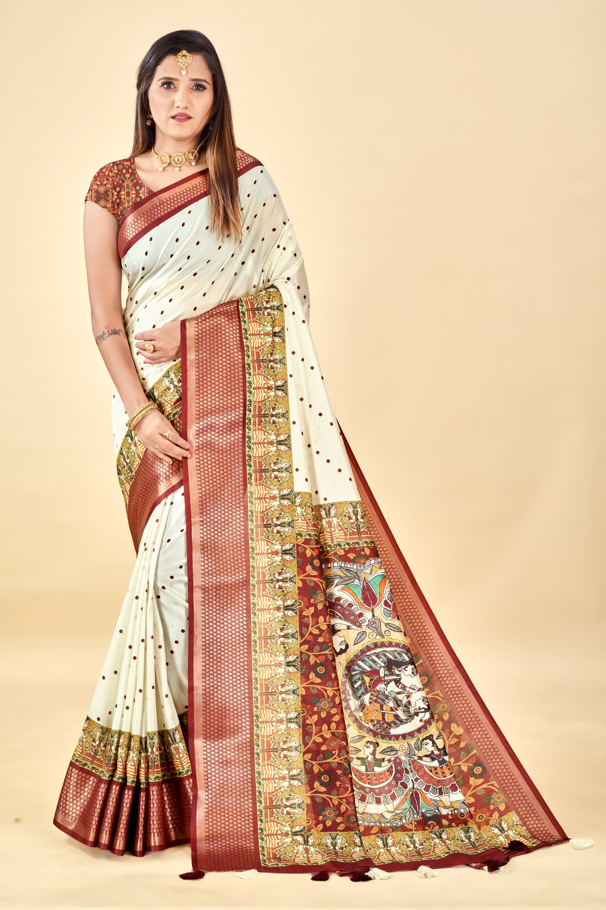 White Semi Silk Madhubani Digital Printed Saree with Jacquard Border