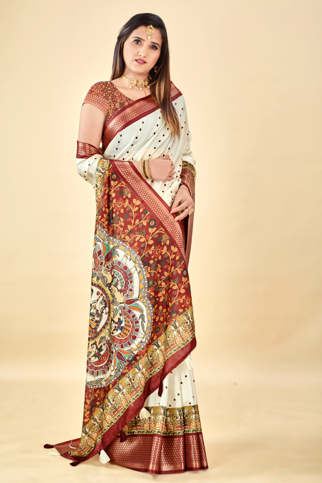 White Semi Silk Madhubani Digital Printed Saree with Jacquard Border