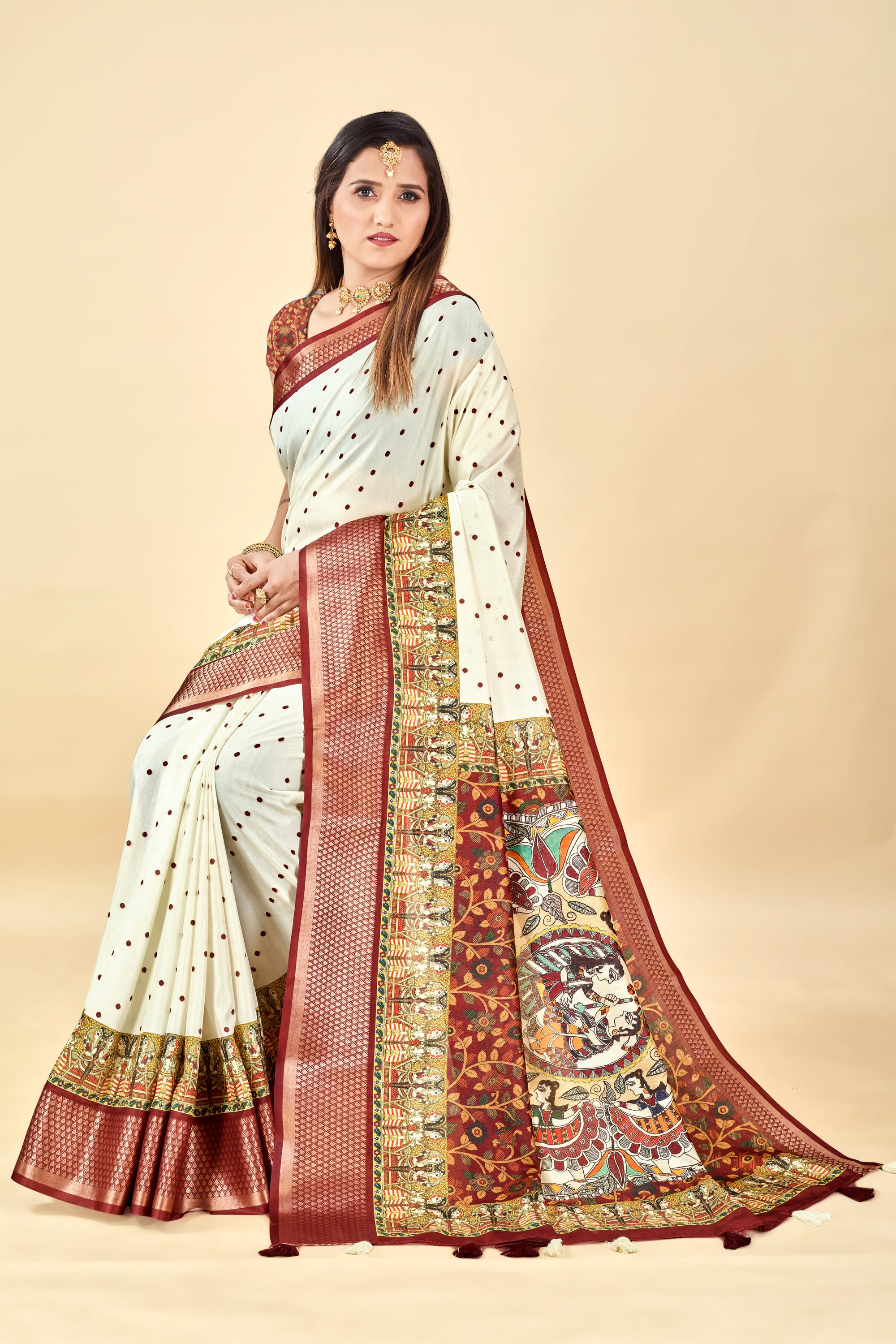 White Semi Silk Madhubani Digital Printed Saree with Jacquard Border