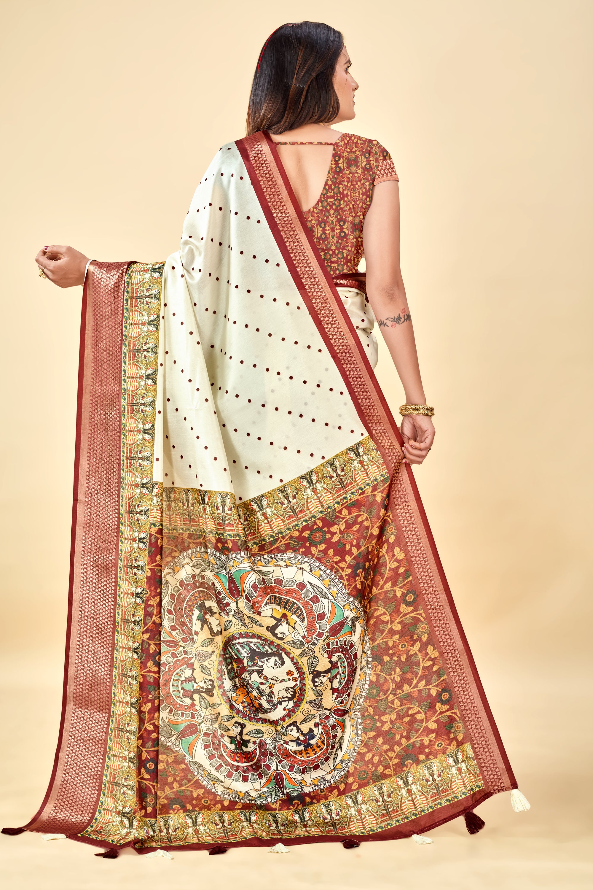 White Semi Silk Madhubani Digital Printed Saree with Jacquard Border