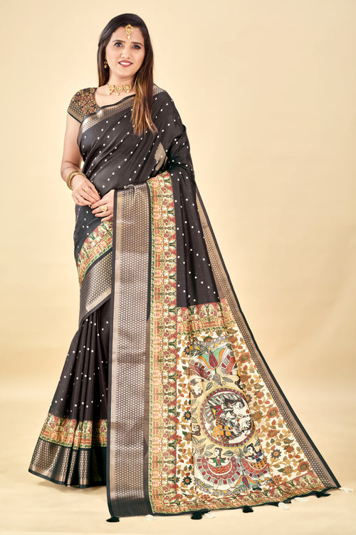 Black Semi Silk Madhubani Digital Printed Saree with Jacquard Border