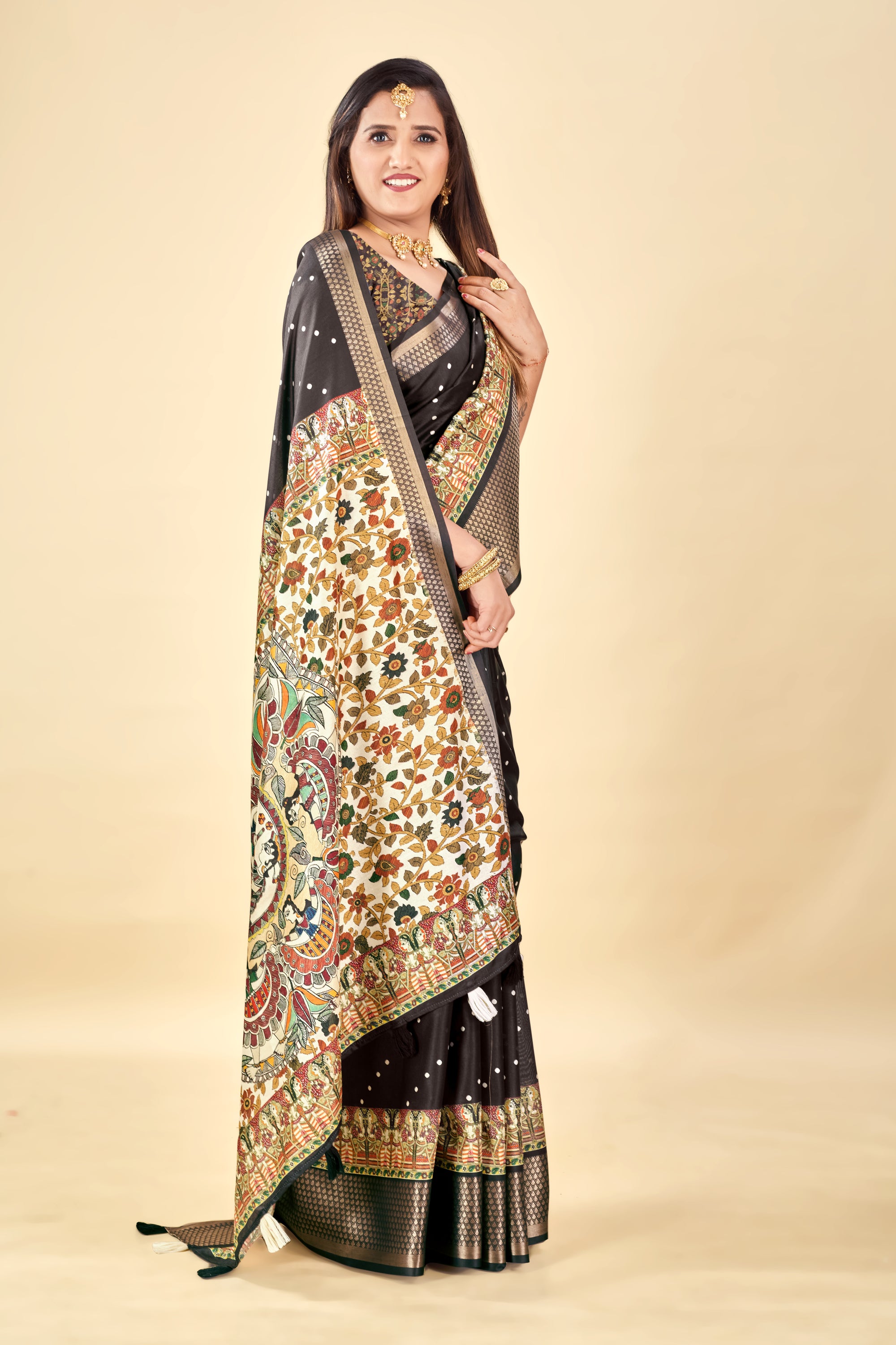 Black Semi Silk Madhubani Digital Printed Saree with Jacquard Border
