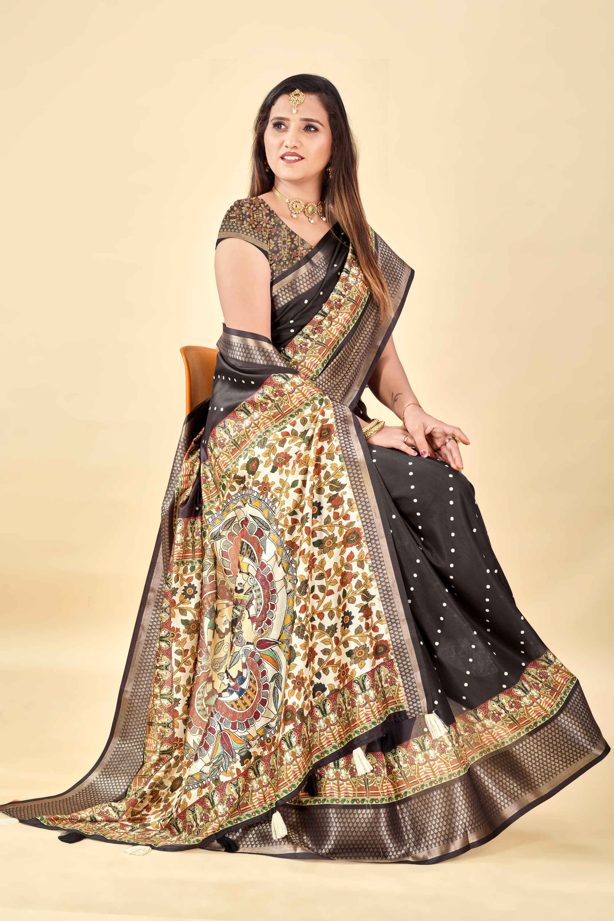 Black Semi Silk Madhubani Digital Printed Saree with Jacquard Border