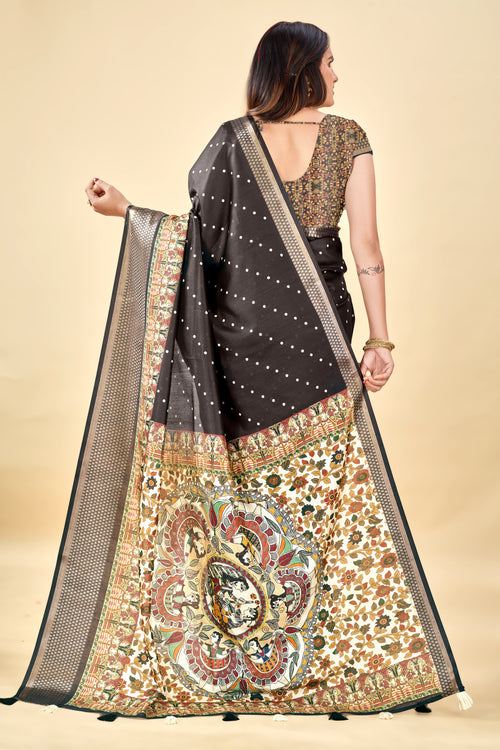 Black Semi Silk Madhubani Digital Printed Saree with Jacquard Border