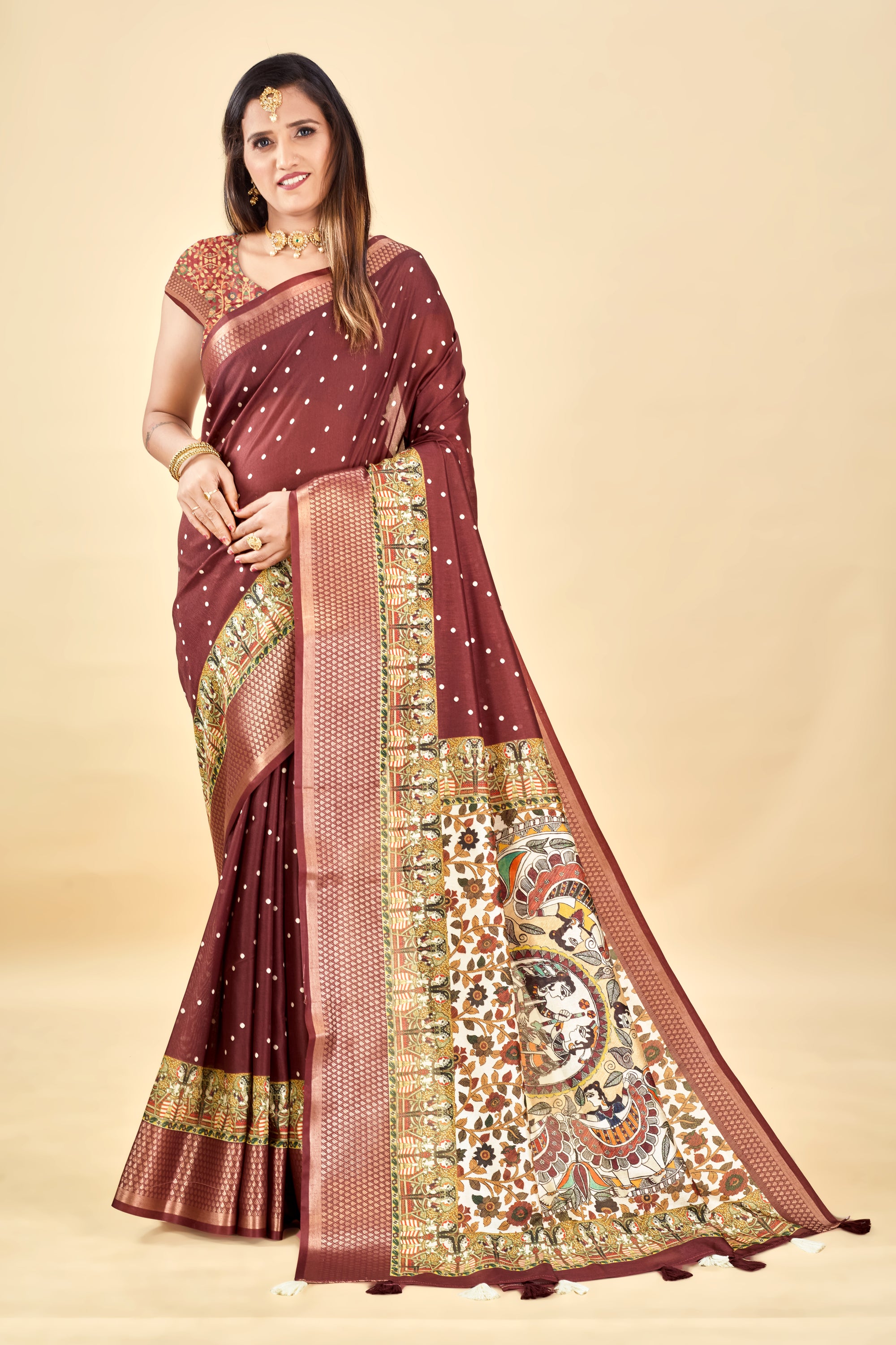 Maroon Semi Silk Madhubani Digital Printed Saree with Jacquard Border