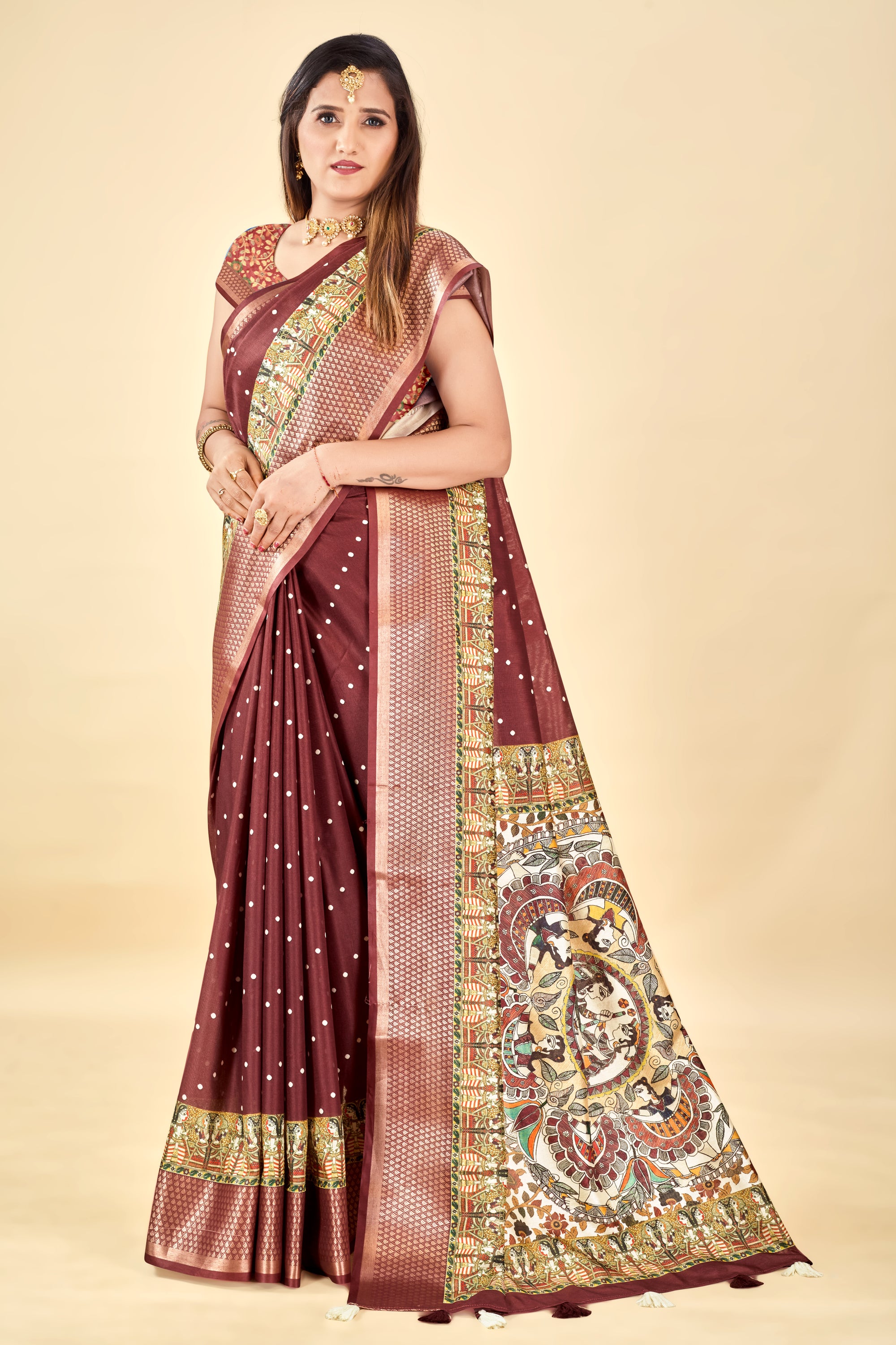 Maroon Semi Silk Madhubani Digital Printed Saree with Jacquard Border