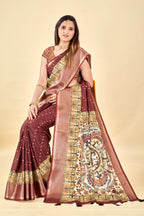 Maroon Semi Silk Madhubani Digital Printed Saree with Jacquard Border