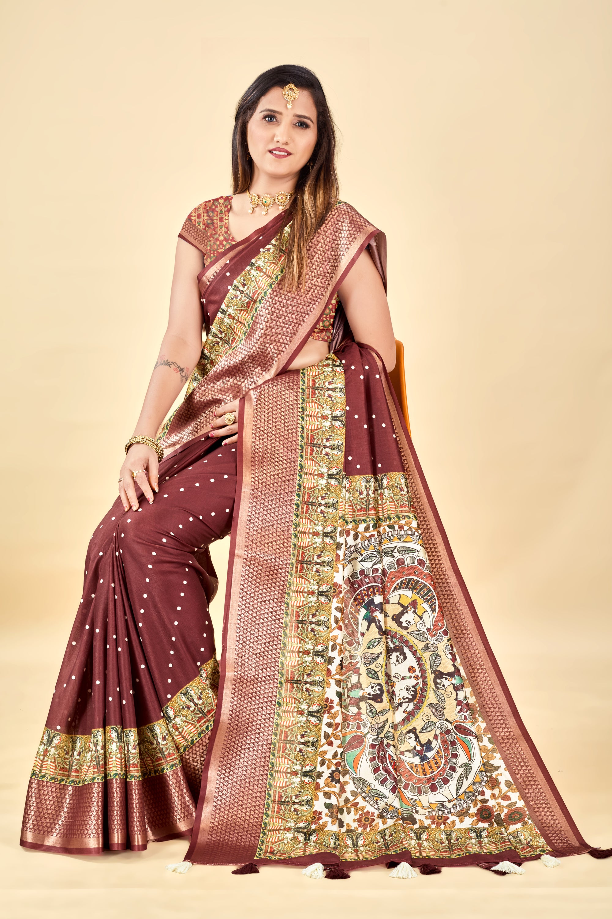 Maroon Semi Silk Madhubani Digital Printed Saree with Jacquard Border