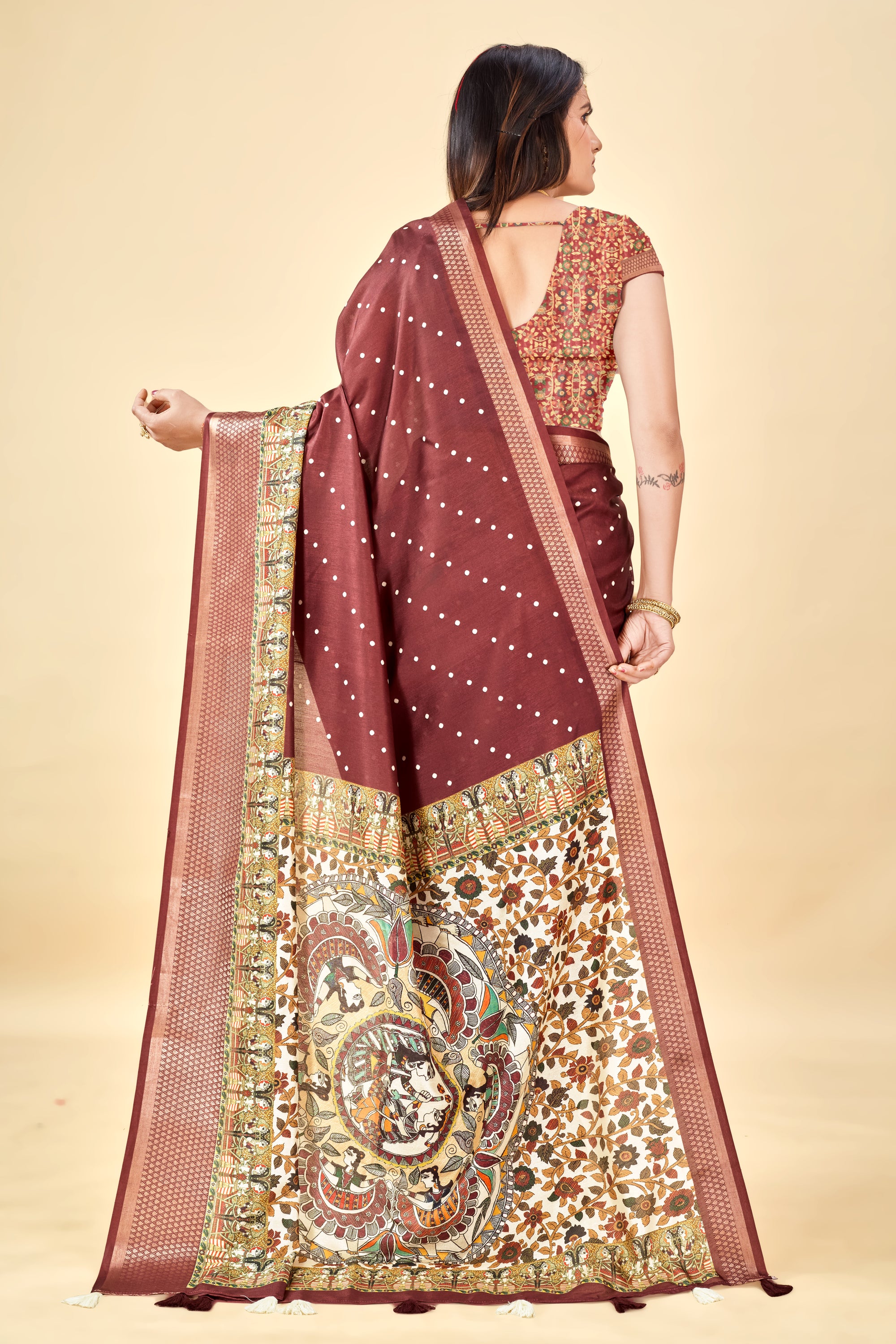 Maroon Semi Silk Madhubani Digital Printed Saree with Jacquard Border