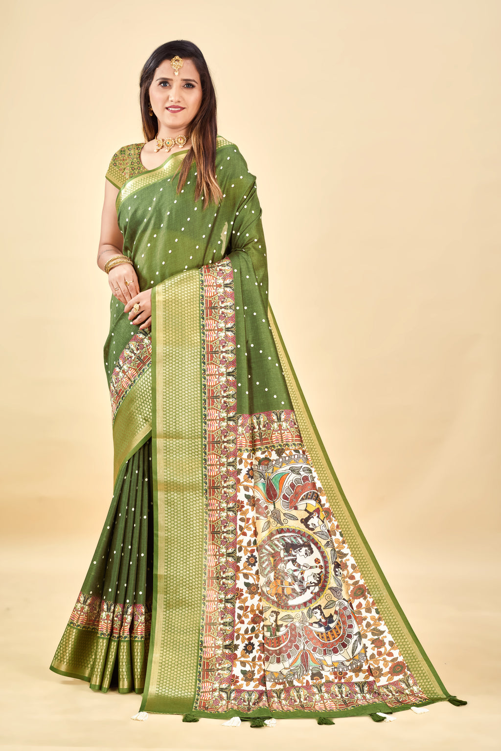 Mehendi Semi Silk Madhubani Digital Printed Saree with Jacquard Border