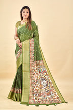 Mehendi Semi Silk Madhubani Digital Printed Saree with Jacquard Border
