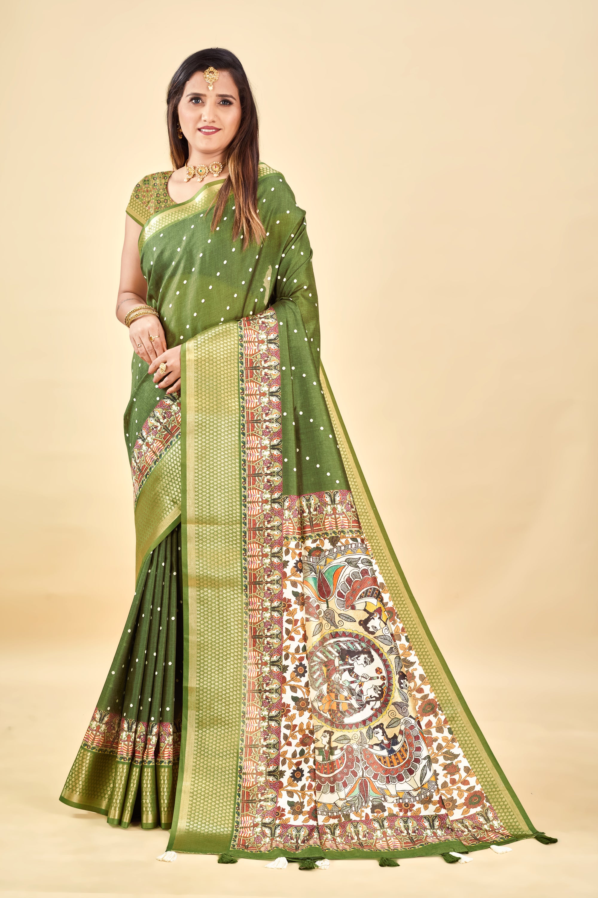 Mehendi Semi Silk Madhubani Digital Printed Saree with Jacquard Border