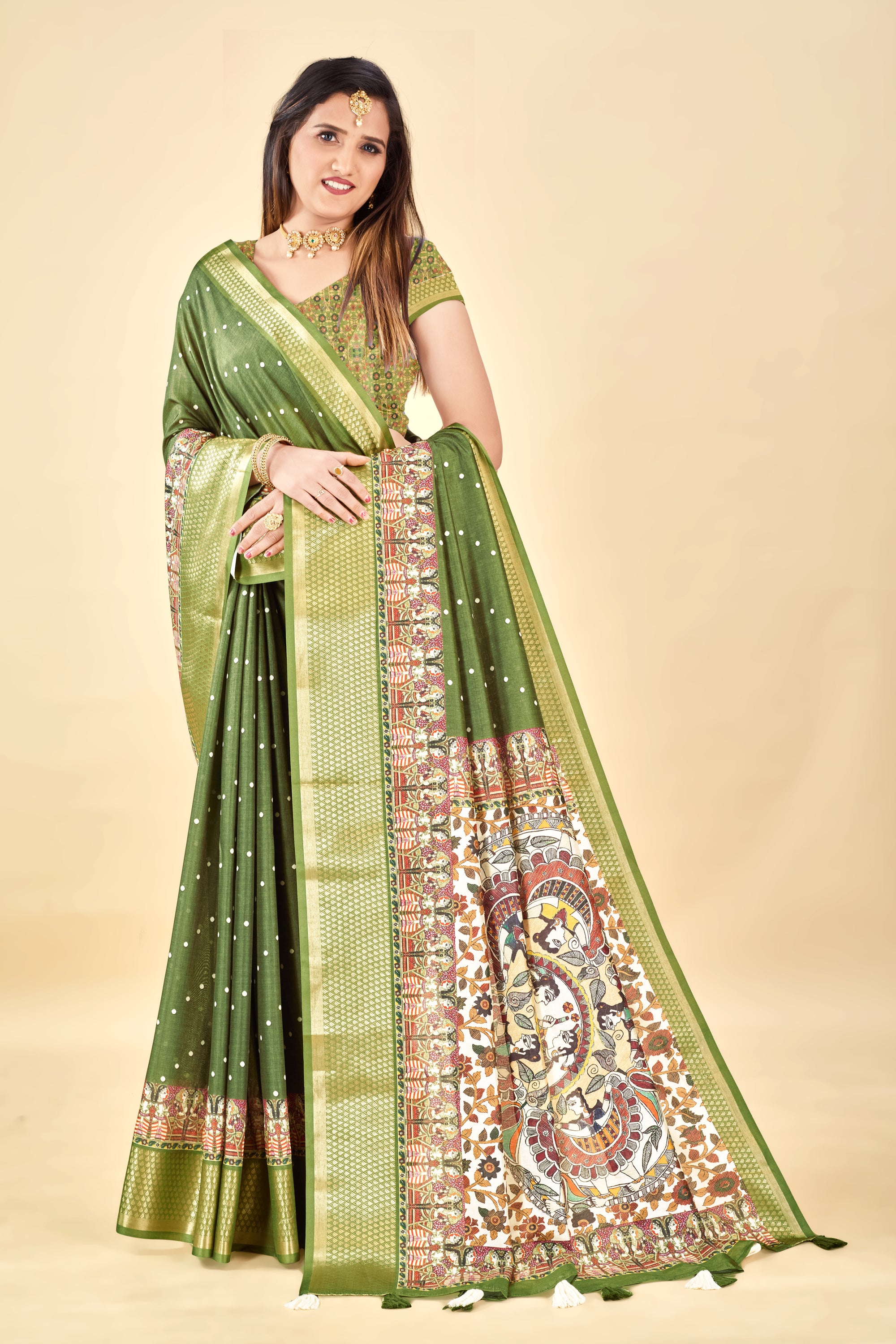 Mehendi Semi Silk Madhubani Digital Printed Saree with Jacquard Border