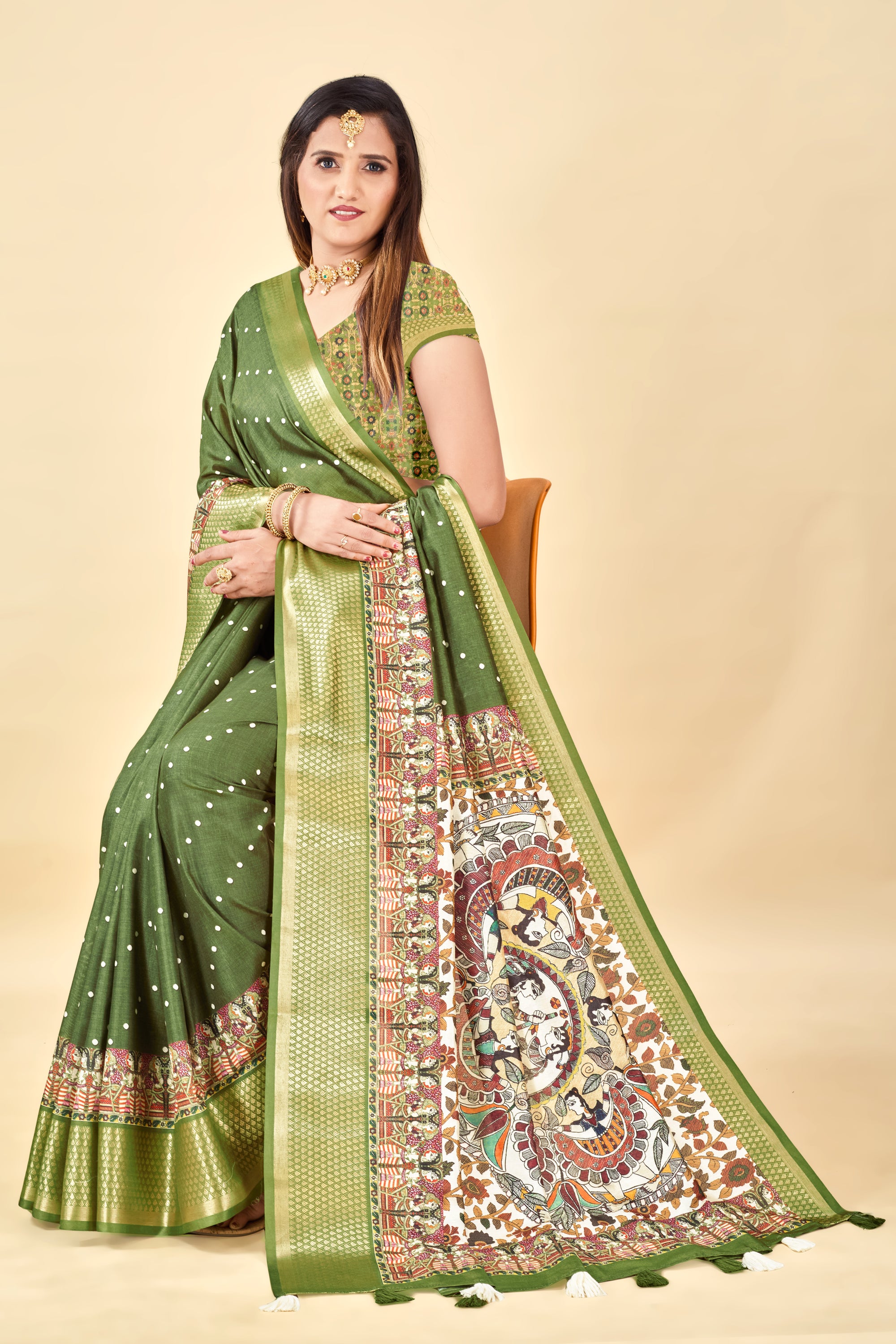 Mehendi Semi Silk Madhubani Digital Printed Saree with Jacquard Border
