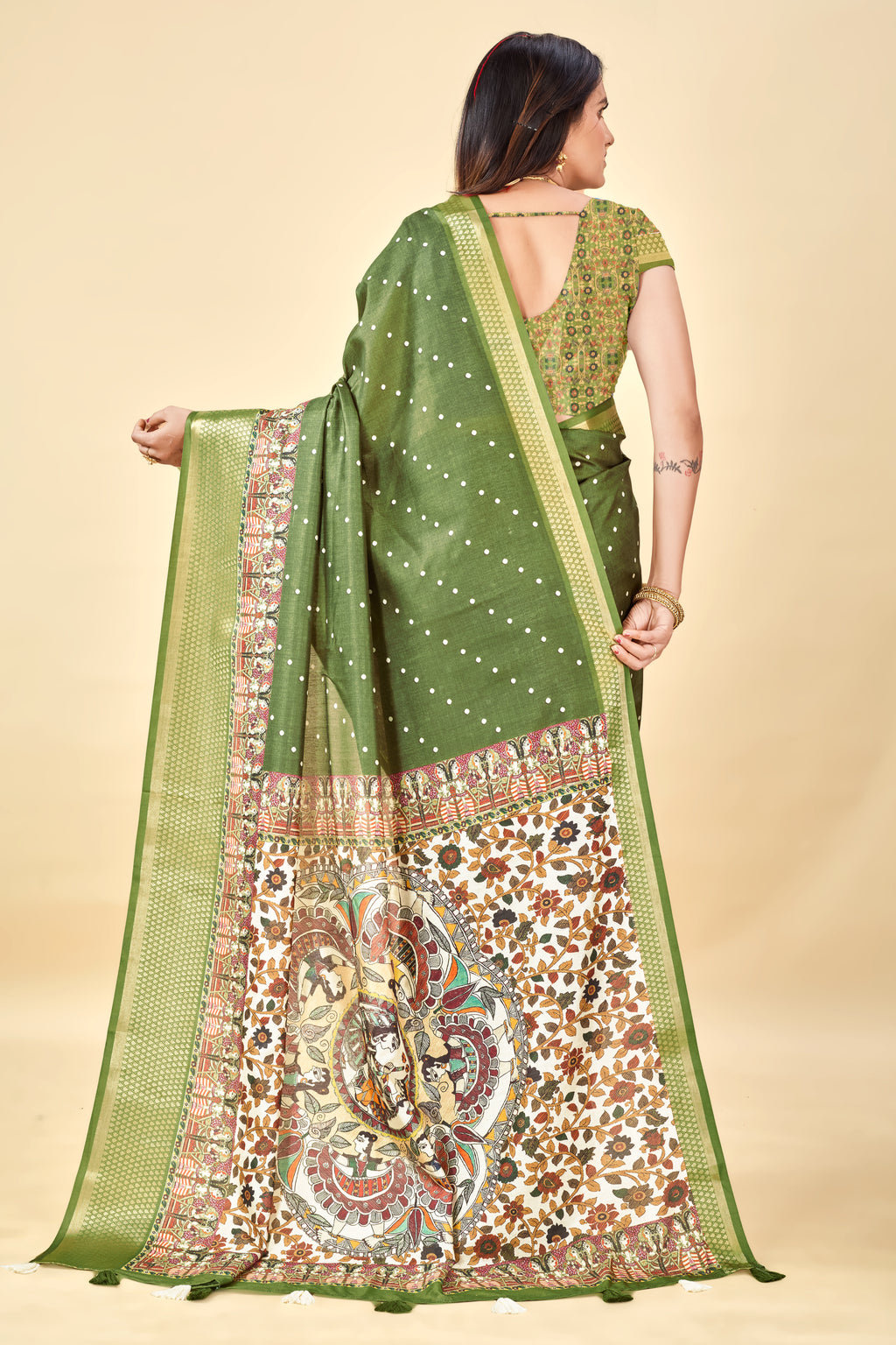 Mehendi Semi Silk Madhubani Digital Printed Saree with Jacquard Border