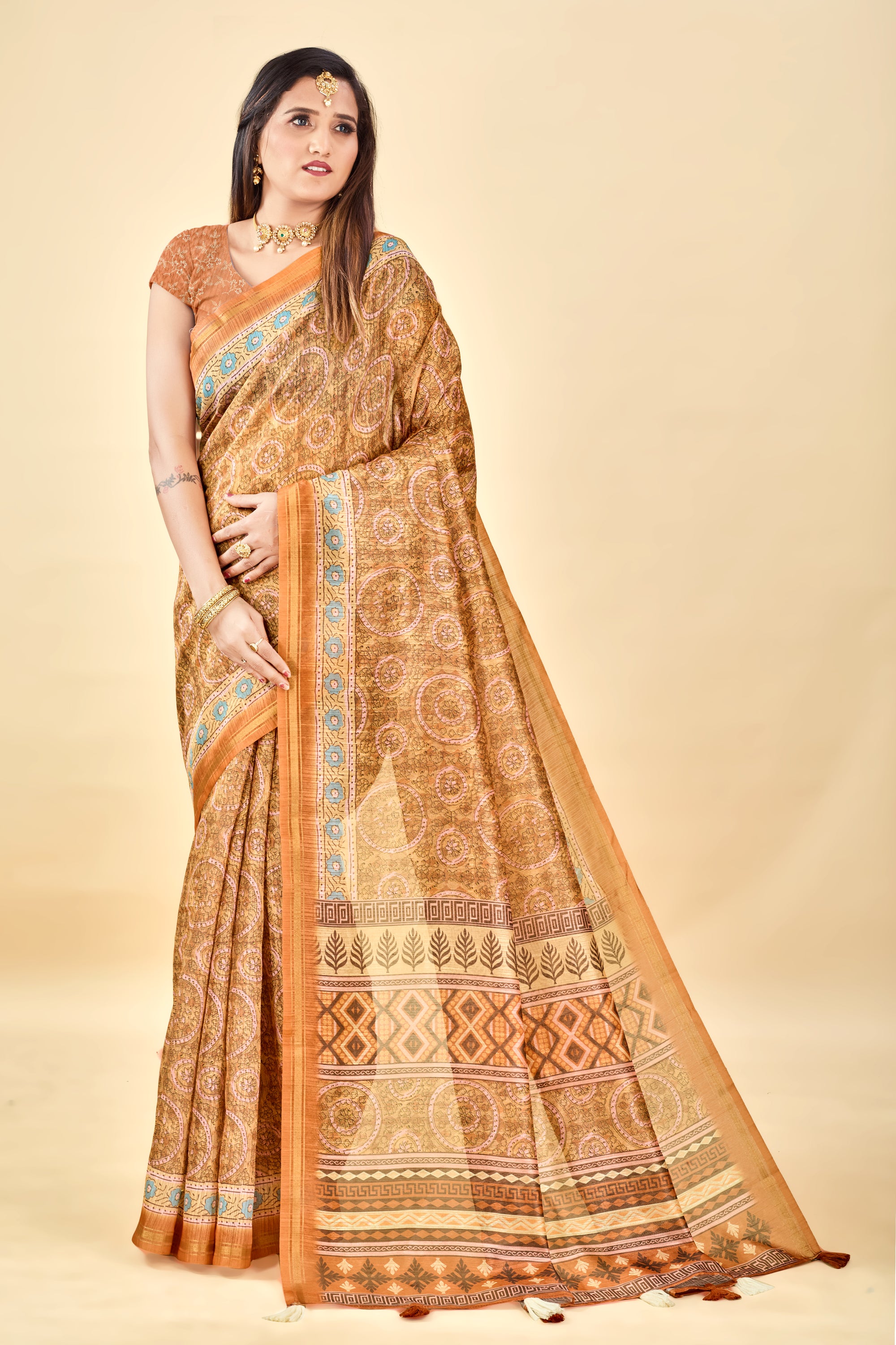 Soft Raw Silk Saree with Ajrakh Digital Prints & Golden Zari Border