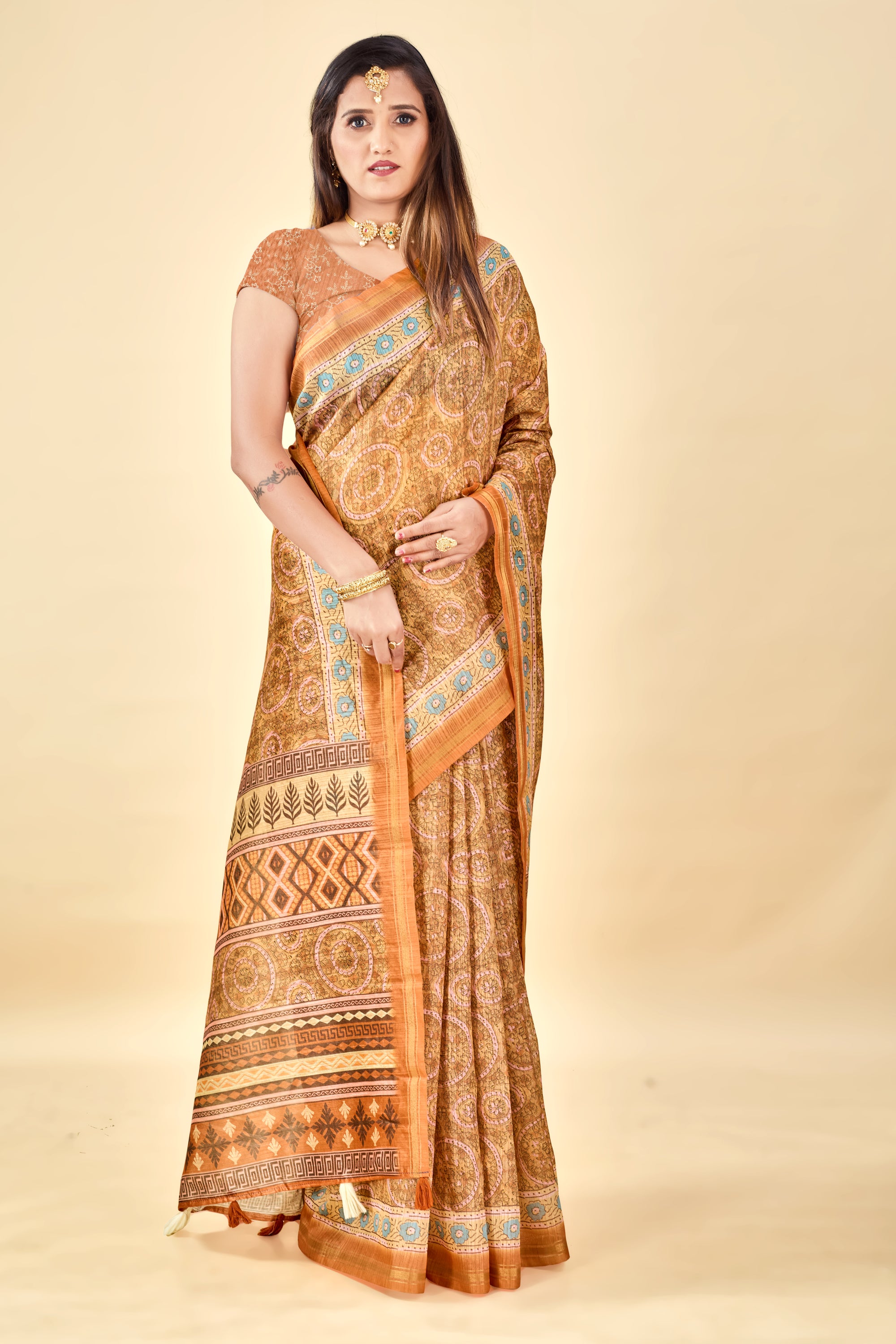 Soft Raw Silk Saree with Ajrakh Digital Prints & Golden Zari Border