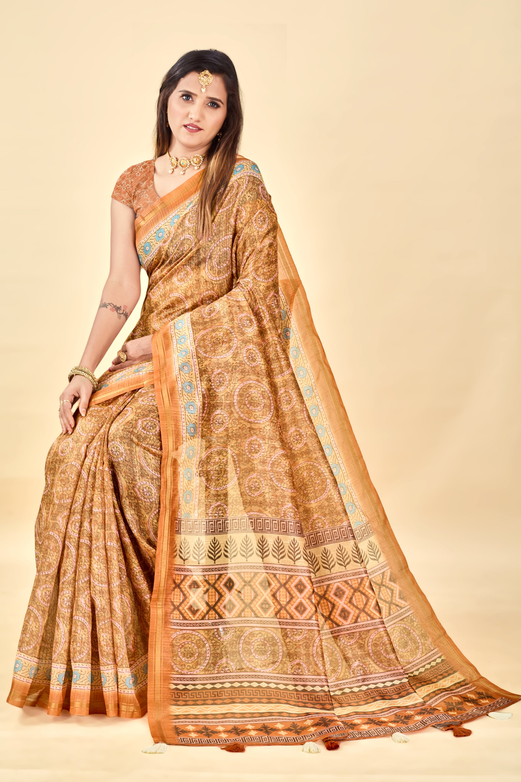 Soft Raw Silk Saree with Ajrakh Digital Prints & Golden Zari Border
