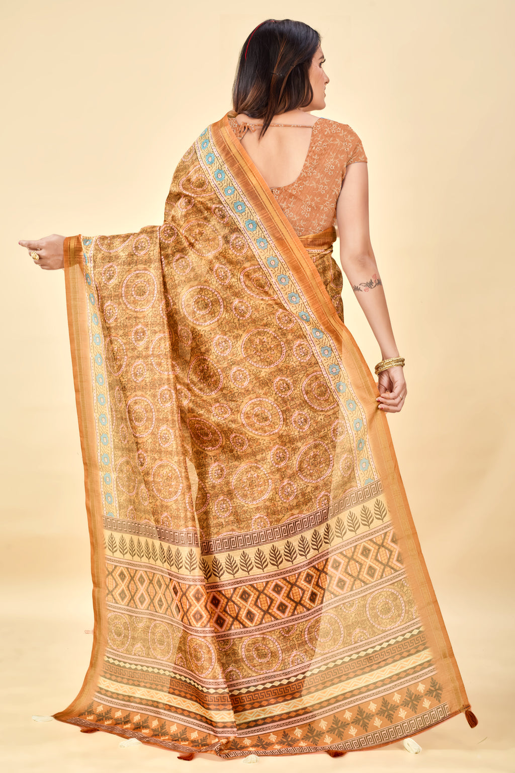 Soft Raw Silk Saree with Ajrakh Digital Prints & Golden Zari Border