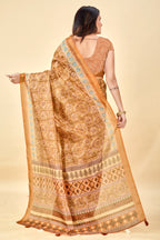 Soft Raw Silk Saree with Ajrakh Digital Prints & Golden Zari Border
