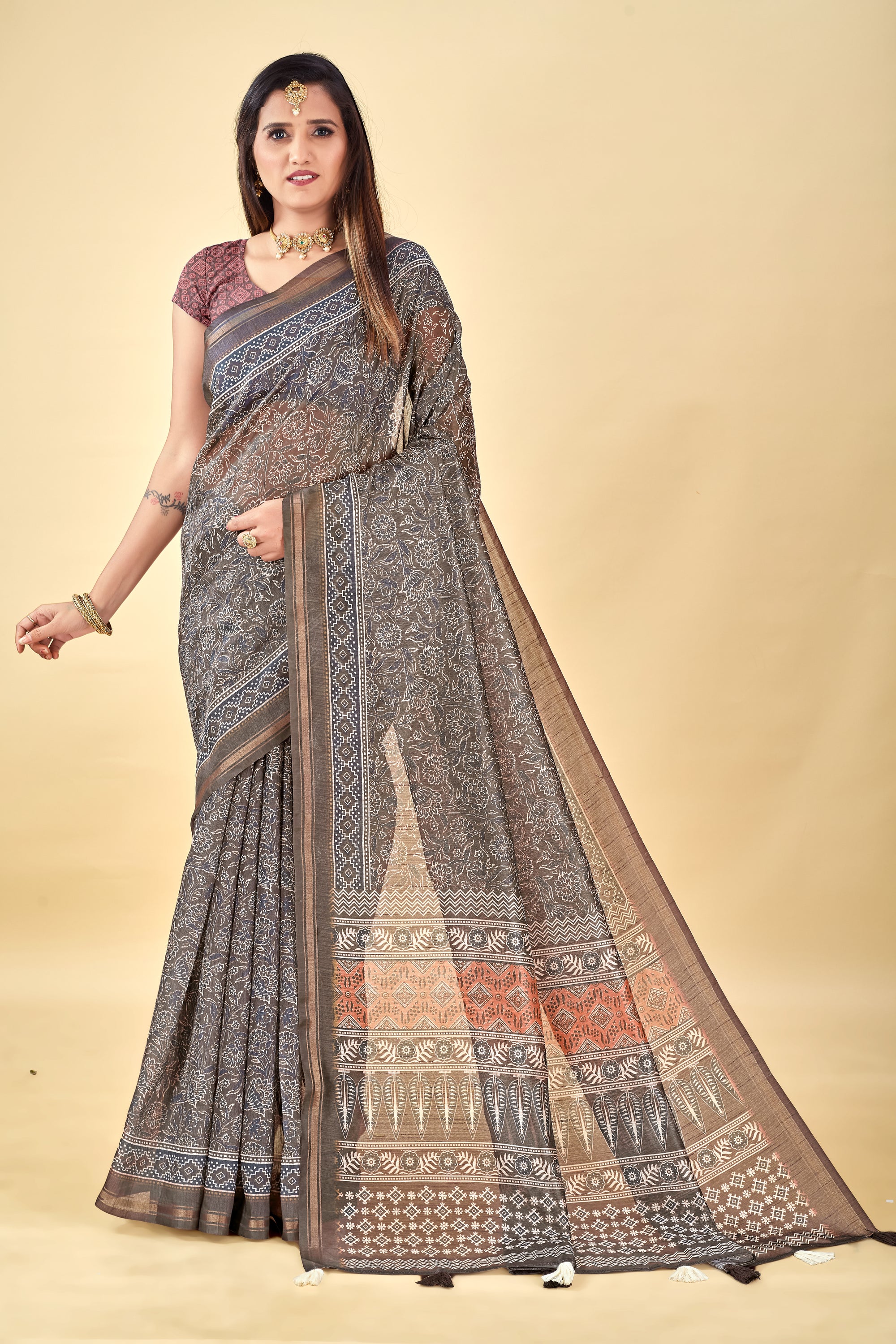 Soft Raw Silk Saree with Ajrakh Digital Prints & Golden Zari Border