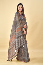Soft Raw Silk Saree with Ajrakh Digital Prints & Golden Zari Border