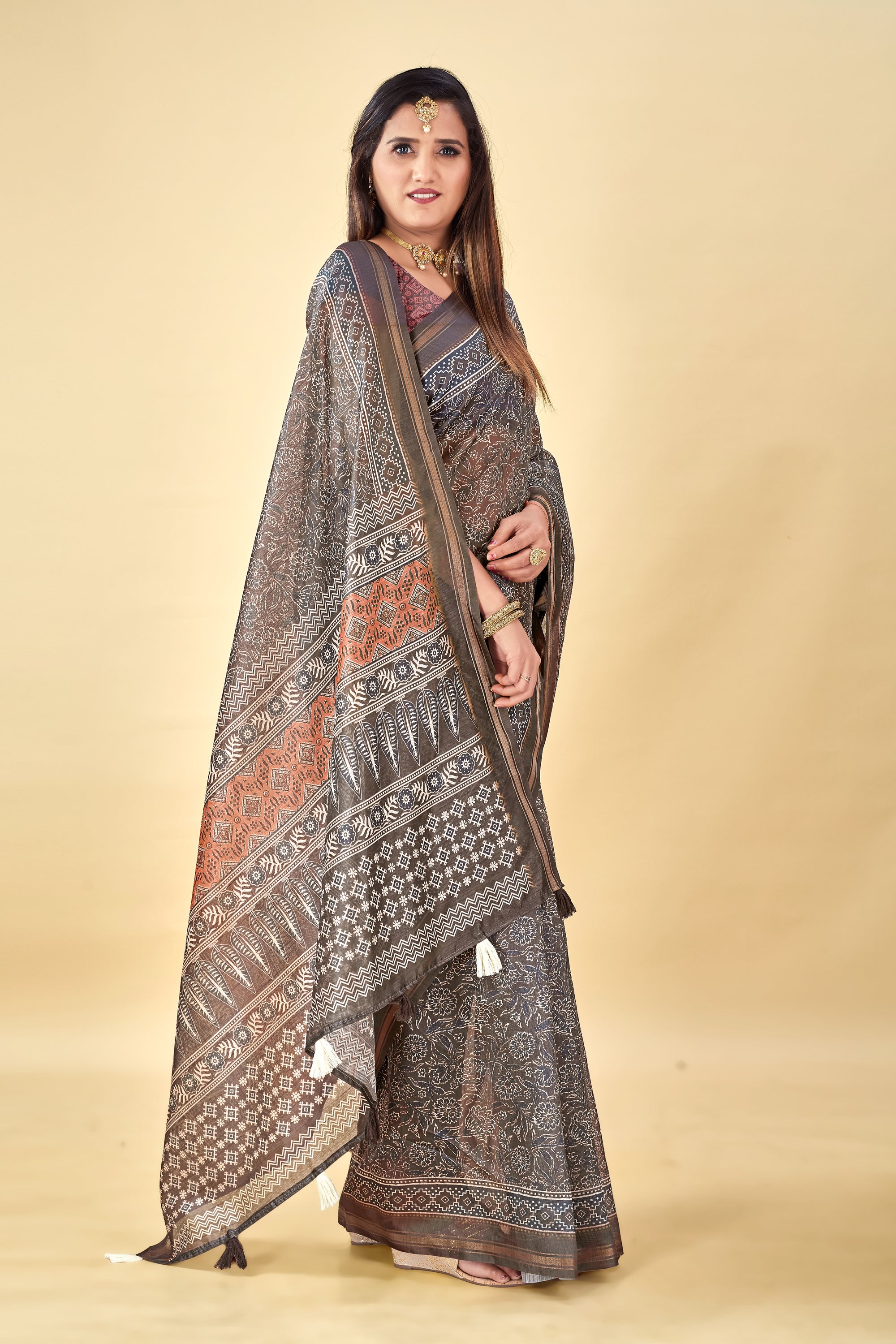 Soft Raw Silk Saree with Ajrakh Digital Prints & Golden Zari Border